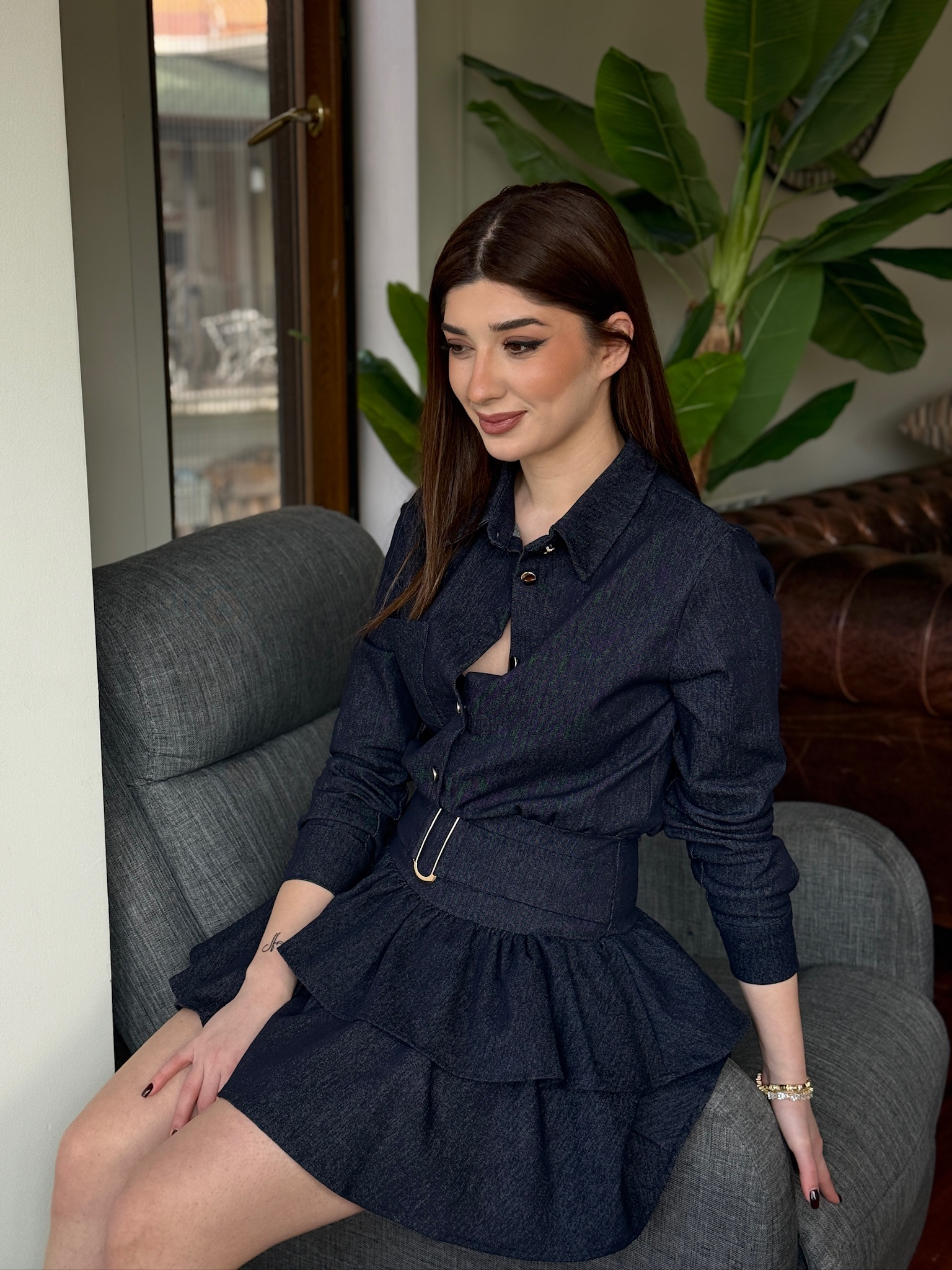 Kat Etekli Kemerli Jean Elbise Lacivert