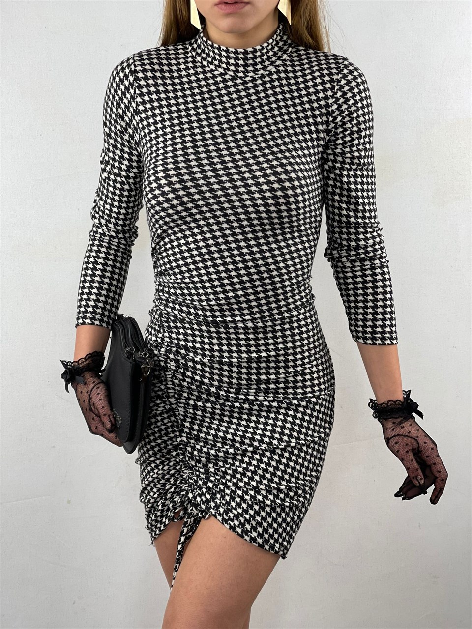 Kazayağı Desen Asansör Büzgülü Scuba Süet Kumaş Elbise 