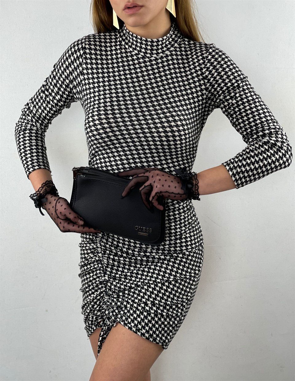 Kazayağı Desen Asansör Büzgülü Scuba Süet Kumaş Elbise 