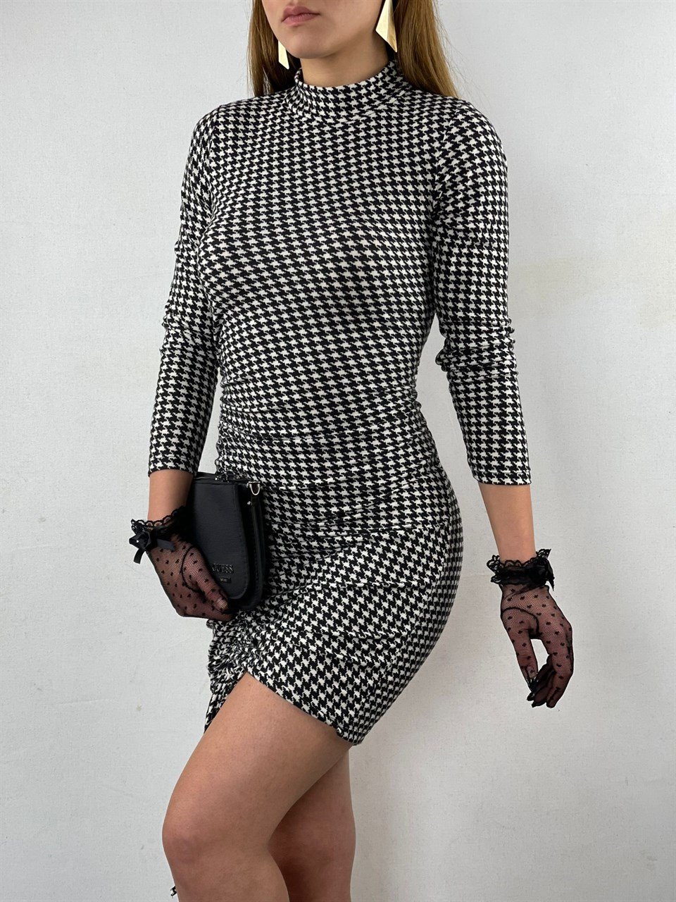 Kazayağı Desen Asansör Büzgülü Scuba Süet Kumaş Elbise 