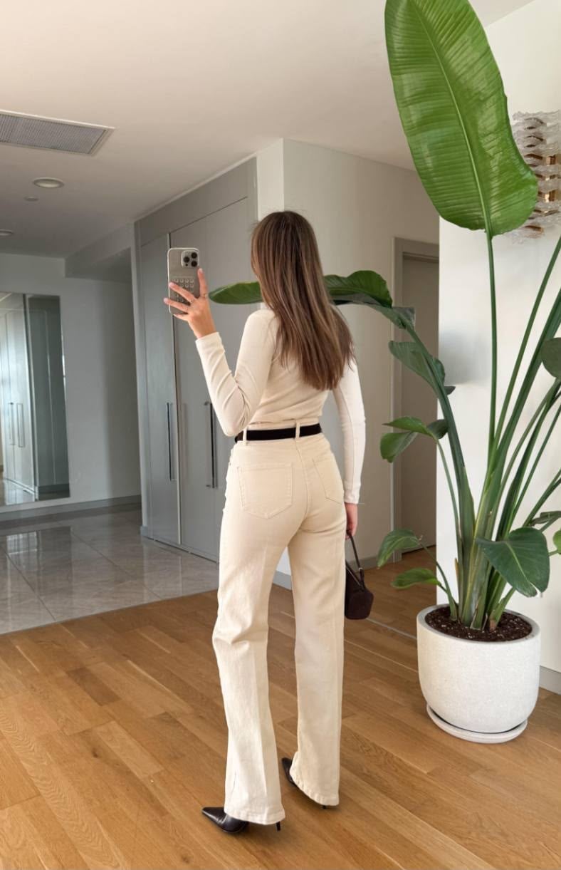 Kemerli Full Likralı Straight Jean Pantolon 