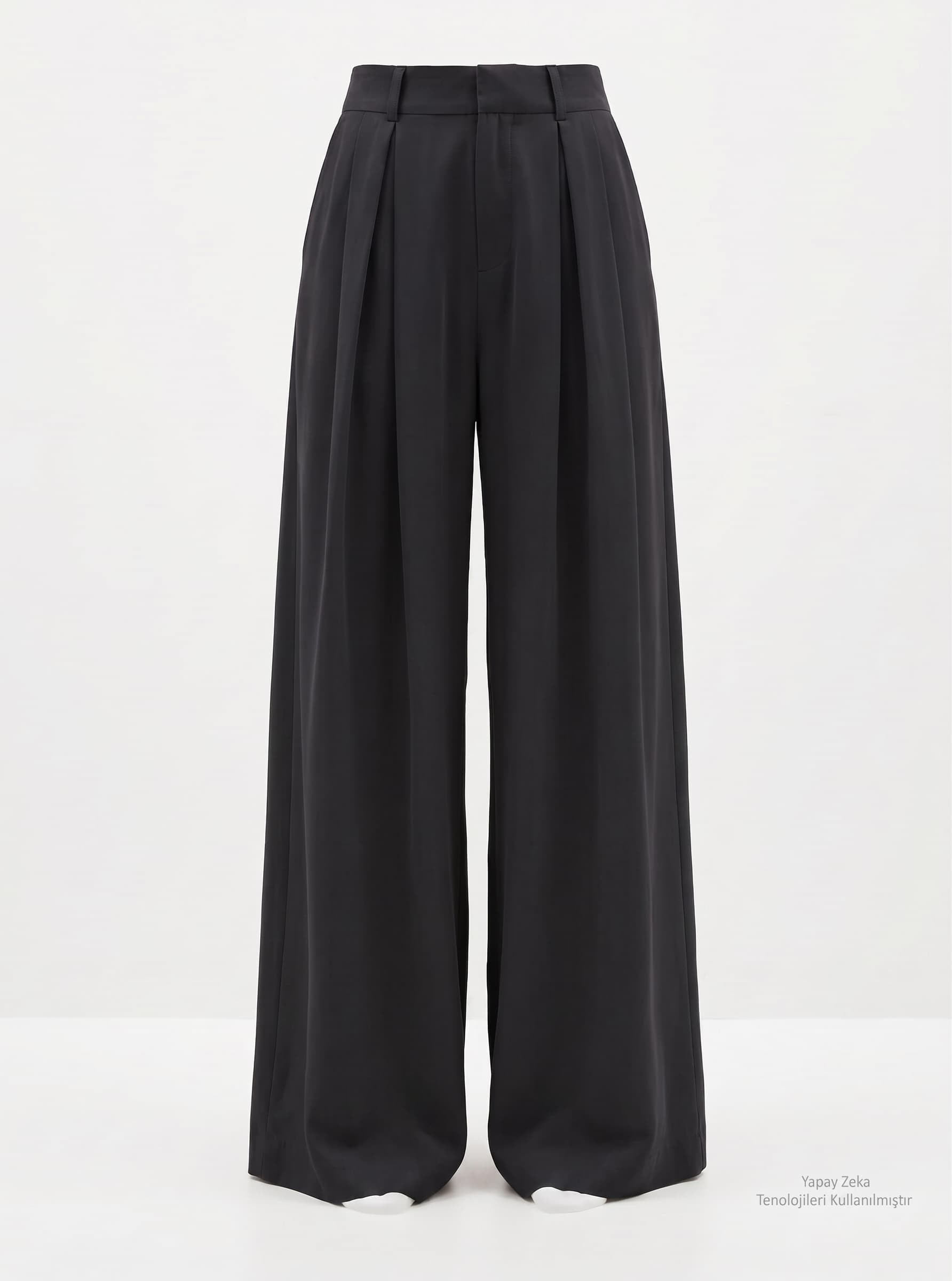 Kemerli Pileli Tensel Kumaş Palazzo Pantolon Siyah