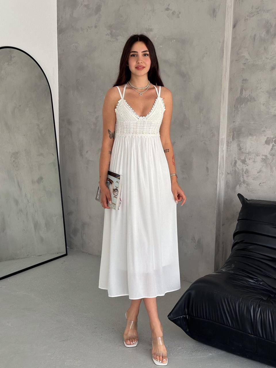 Keten Kumaş Astarlı İp Askılı Güpürlü Uzun Beyaz Elbise