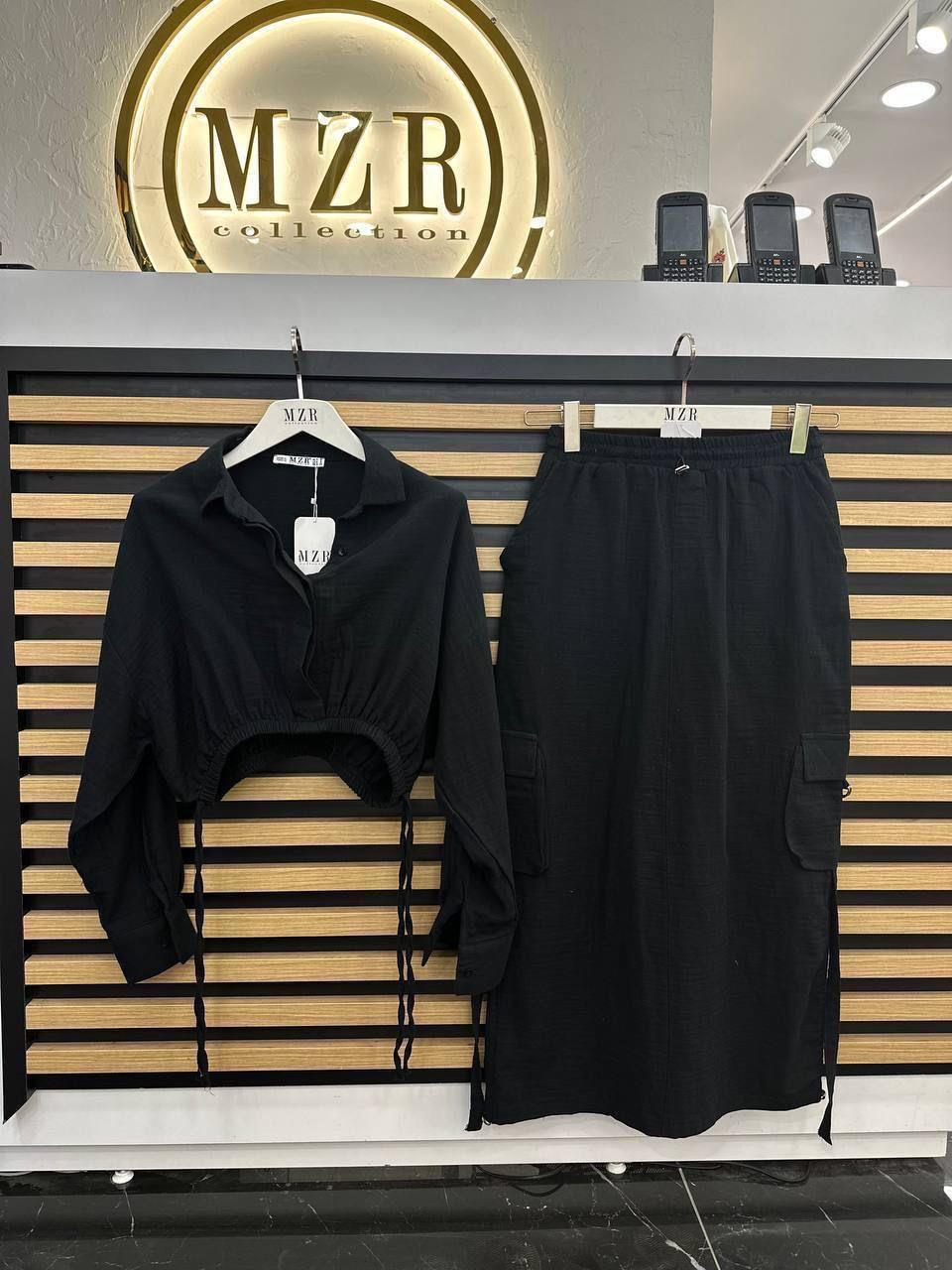 Keten Kumaş Bağlama Detay Crop Gömlek Yüksek Bel Kargo Cepli Etek İkili Takım