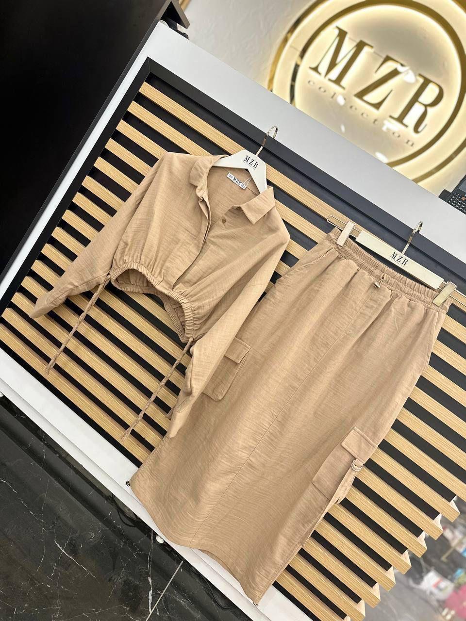 Keten Kumaş Bağlama Detay Crop Gömlek Yüksek Bel Kargo Cepli Etek İkili Takım