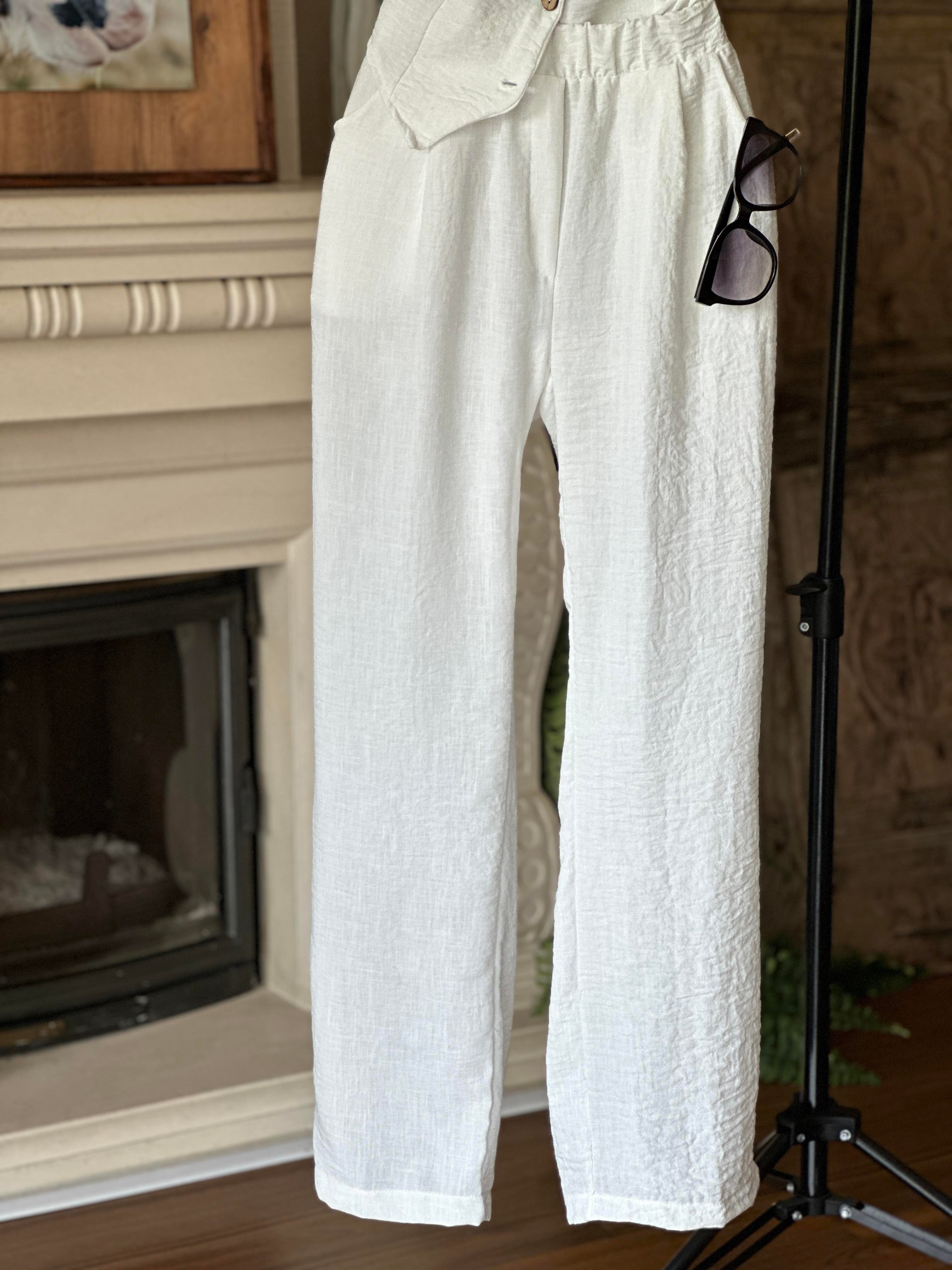 Keten Kumaş Beli Lastikli Palazzo Pantolon