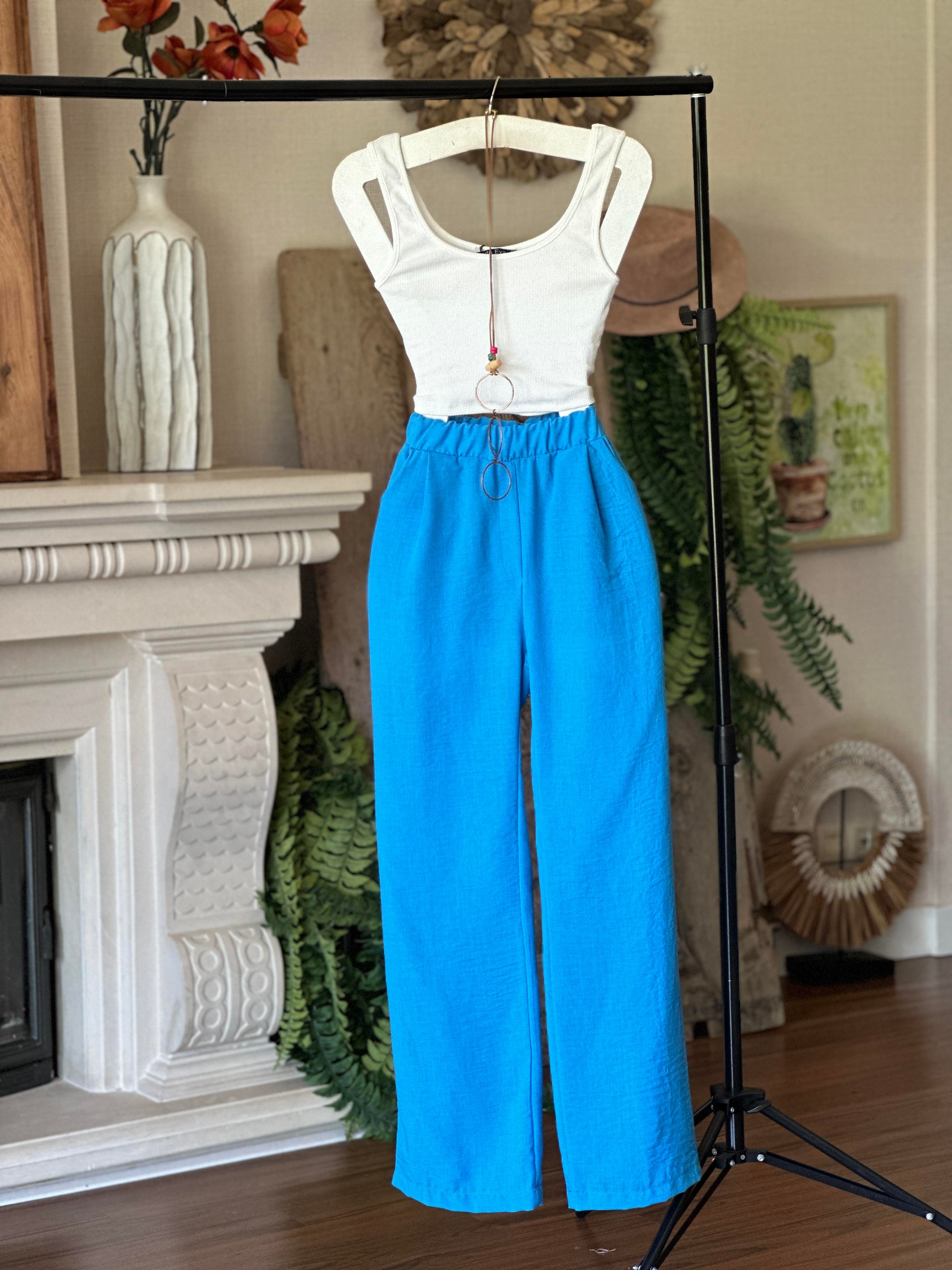 Keten Kumaş Beli Lastikli Palazzo Pantolon