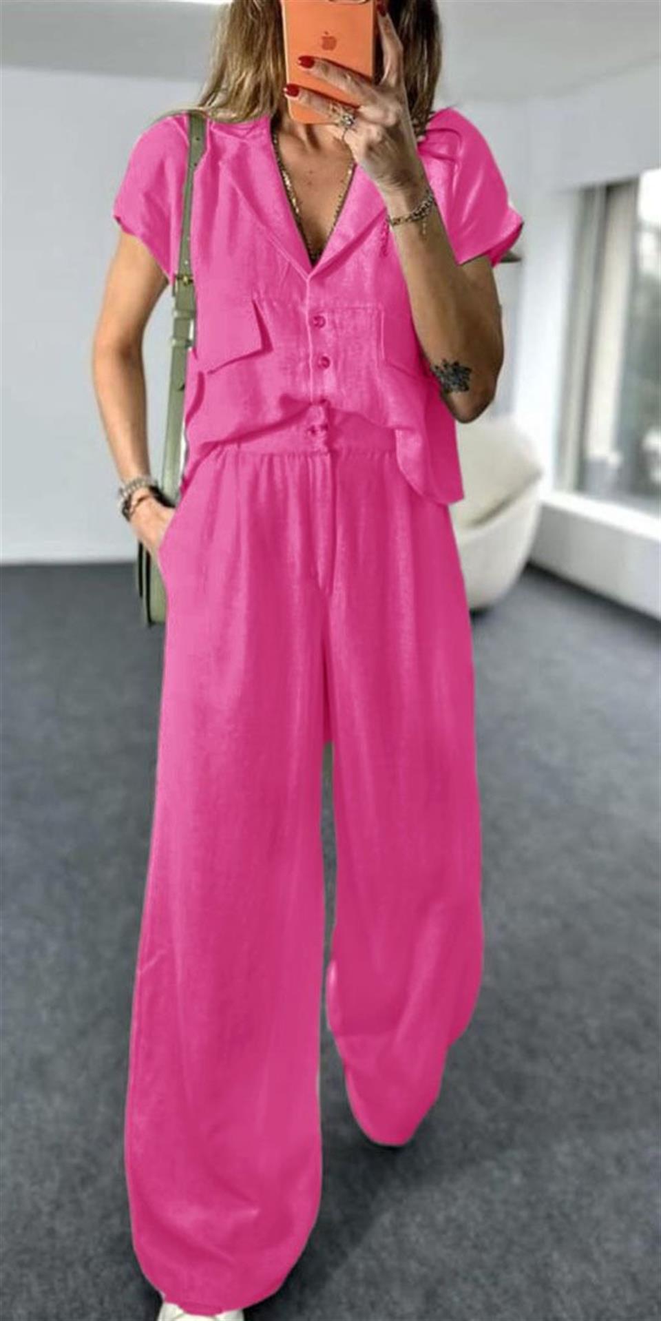 Keten Kumaş Ceket Yaka Gömlem Palazzo Pantolon İkili Takım 