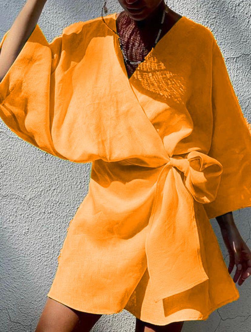 Keten Kumaş Fakir Kol Anvalop Elbise