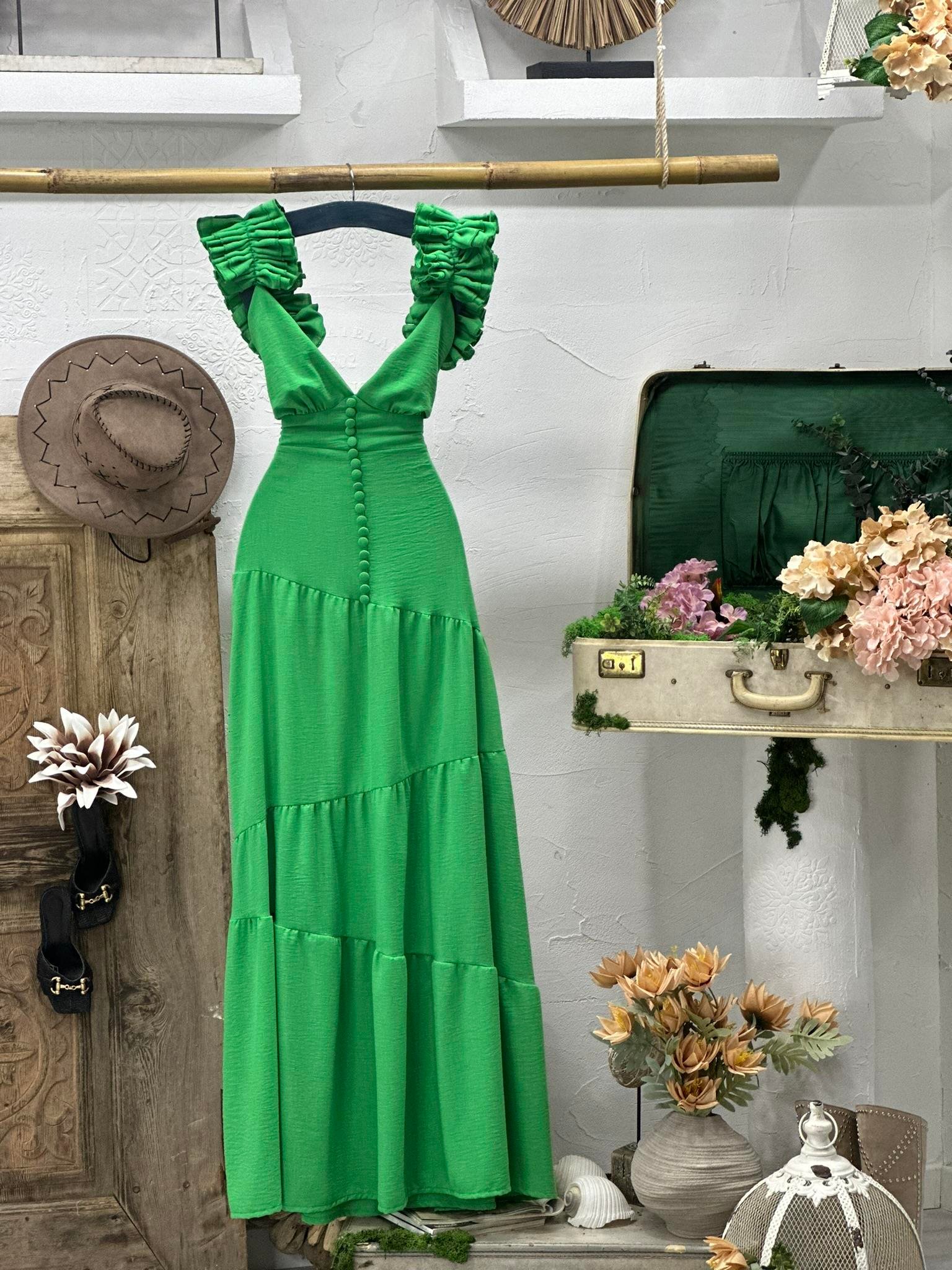 Keten Kumaş Fırfır Detaylı Kaplama Düğmeli Tasarım Uzun Elbise