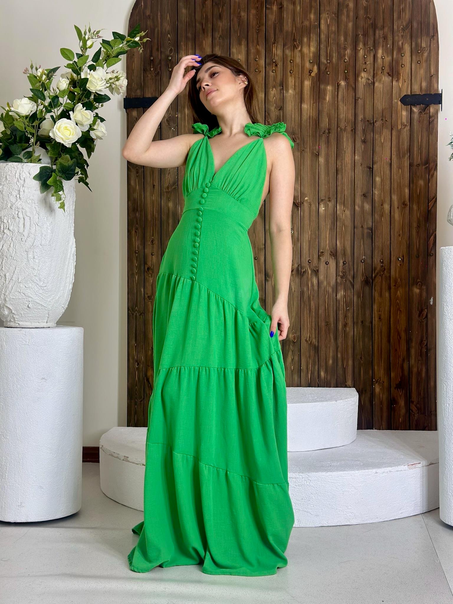 Keten Kumaş Fırfır Detaylı Kaplama Düğmeli Tasarım Uzun Elbise