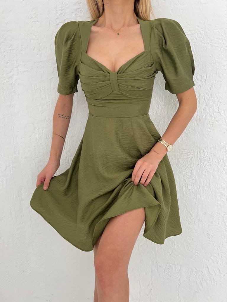 Keten Kumaş Kalp Yaka Haki Yeşil Kloş Elbise