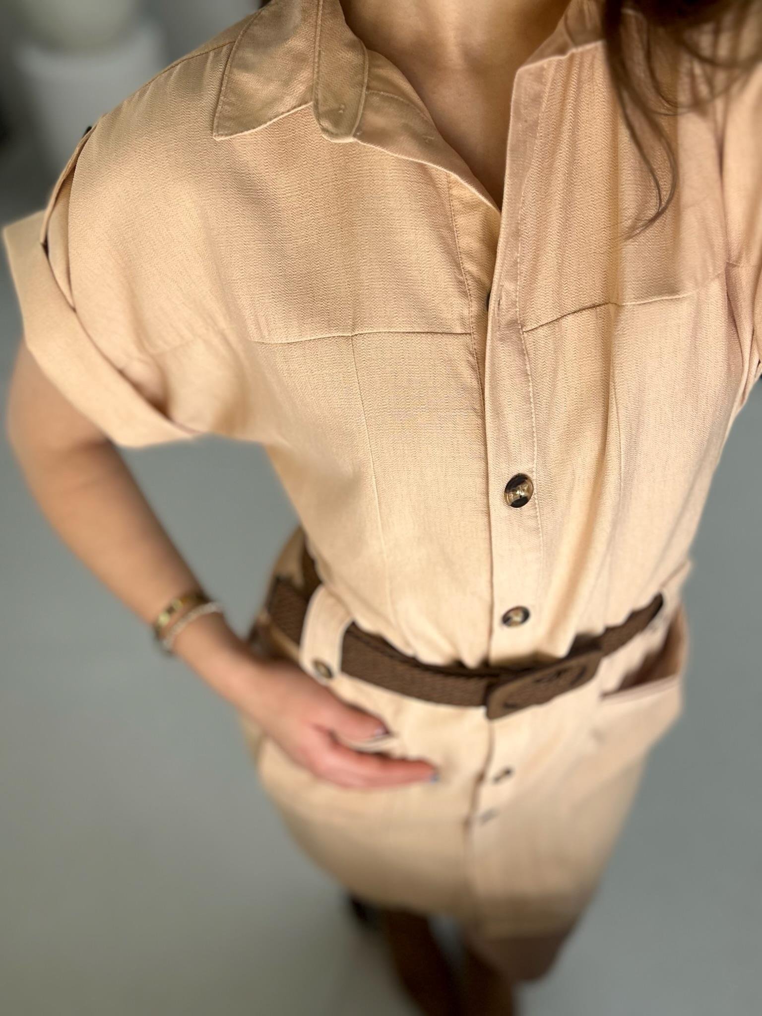 Keten Kumaş Kemer Dahil Safari Gömlek Elbise