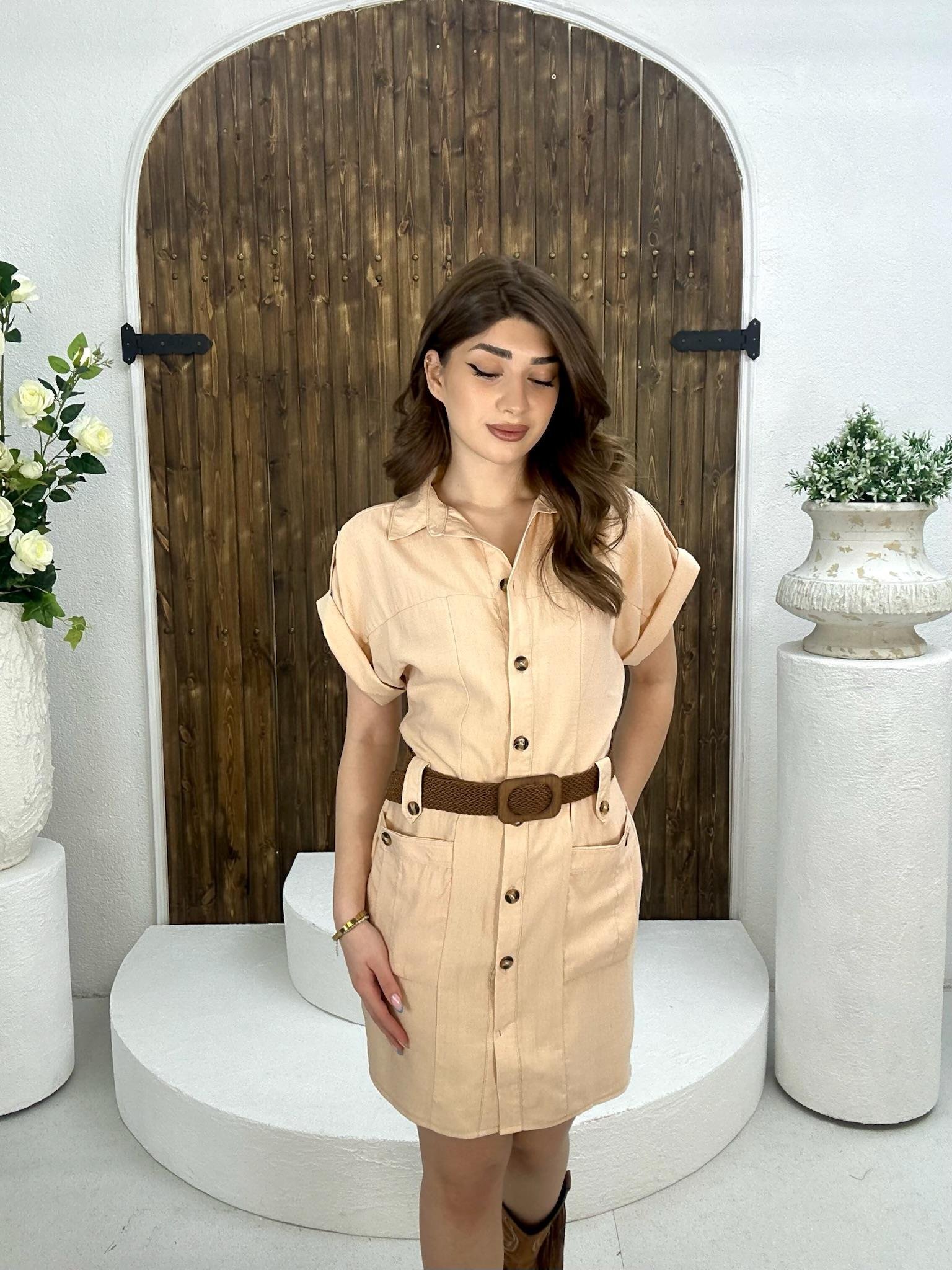 Keten Kumaş Kemer Dahil Safari Gömlek Elbise