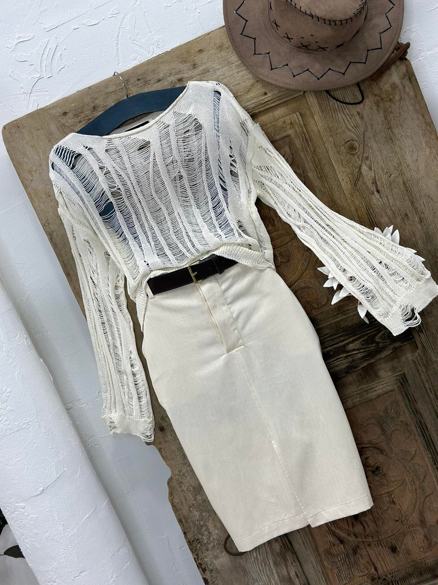 Keten Kumaş Kemerli Midi Boy Etek