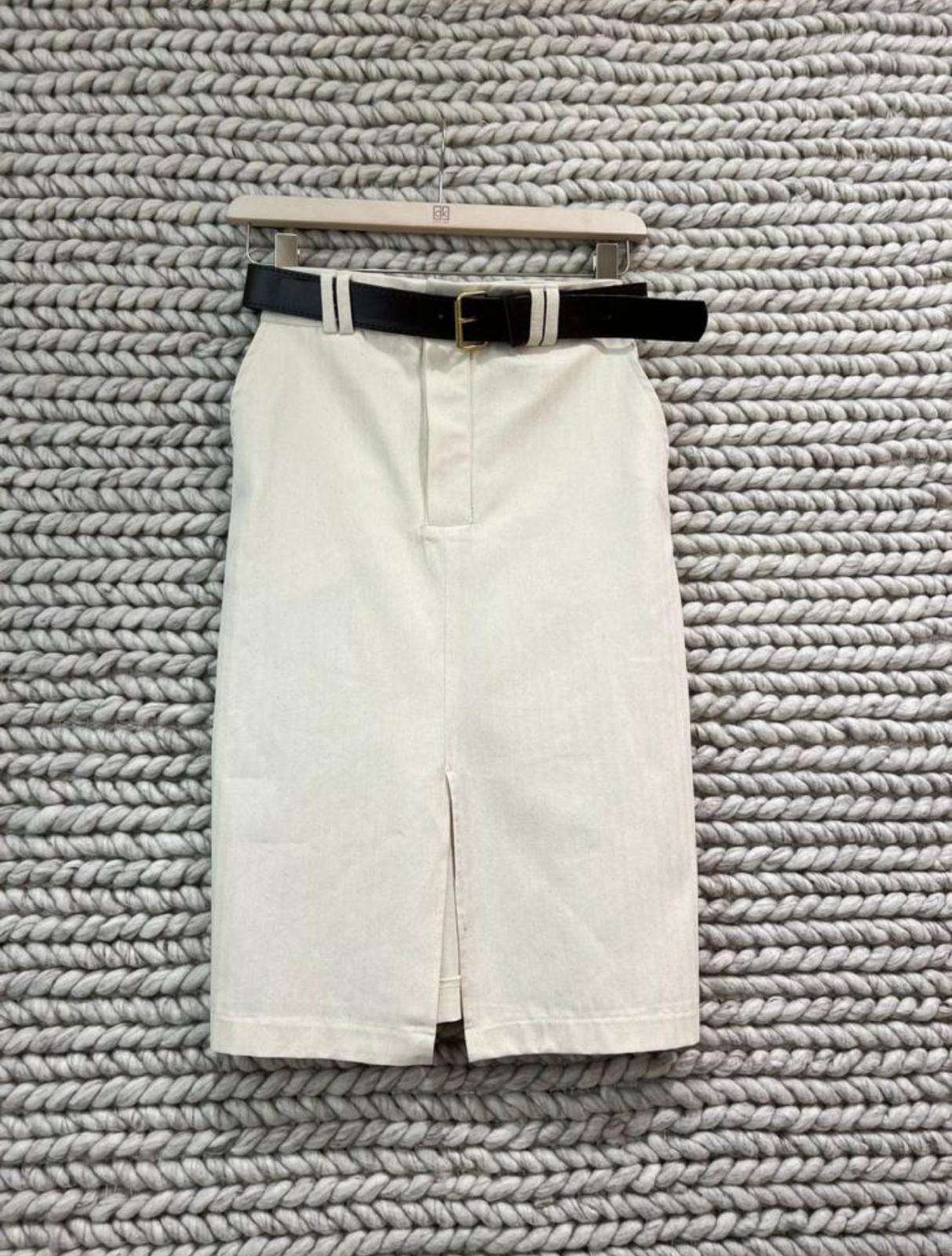 Keten Kumaş Kemerli Midi Boy Etek