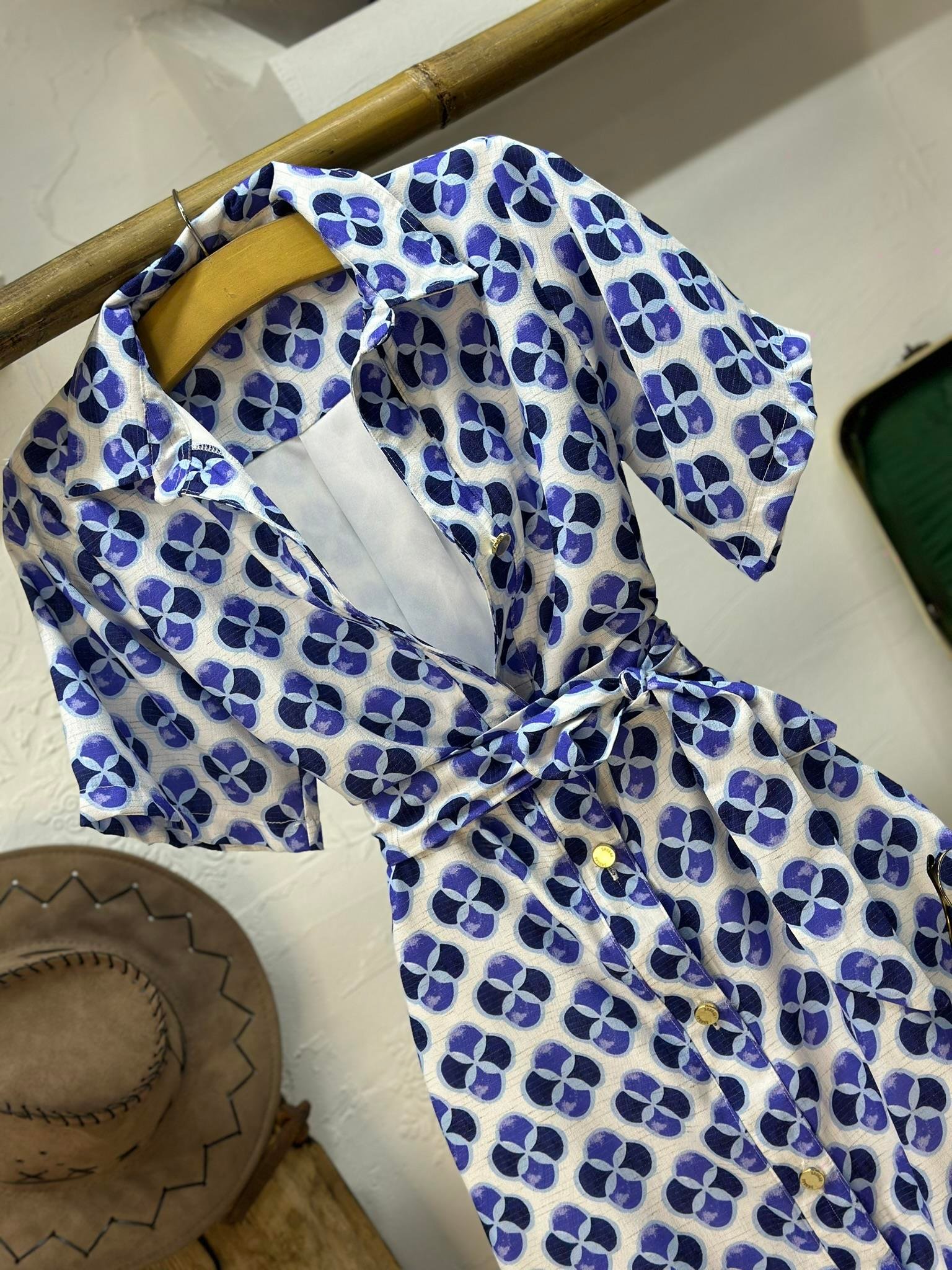 Keten Kumaş Midi Boy Desenli Gömlek Elbise