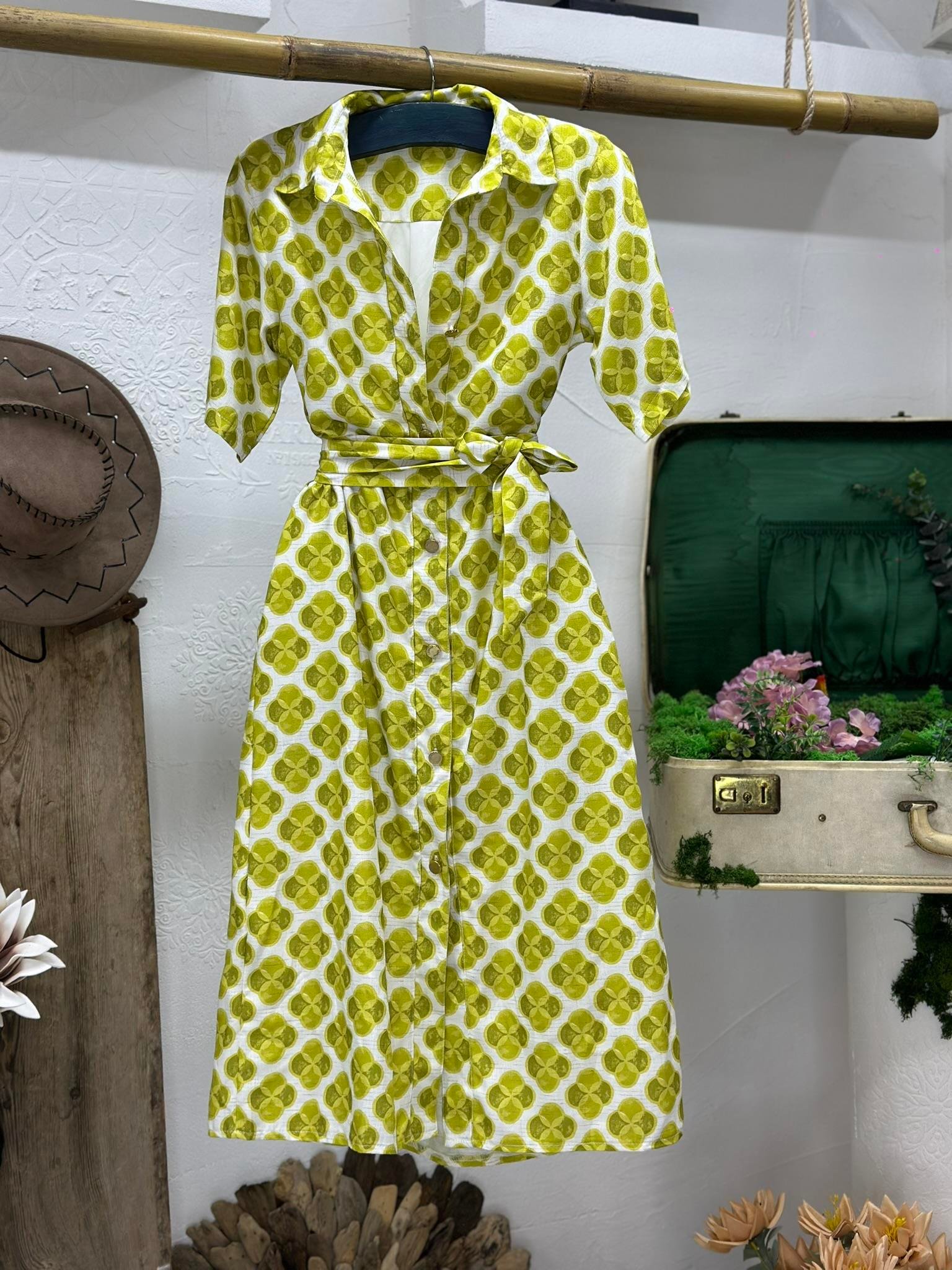 Keten Kumaş Midi Boy Desenli Gömlek Elbise