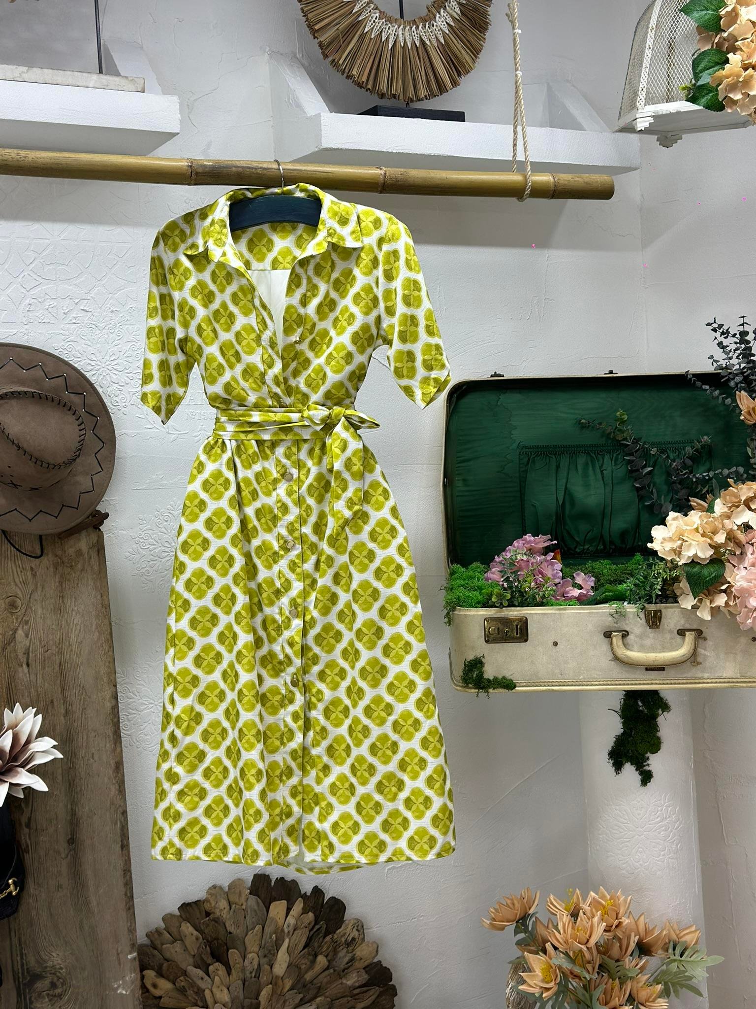 Keten Kumaş Midi Boy Desenli Gömlek Elbise