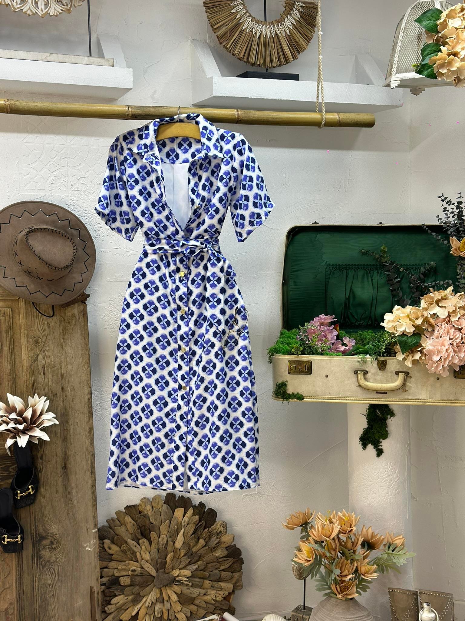 Keten Kumaş Midi Boy Desenli Gömlek Elbise