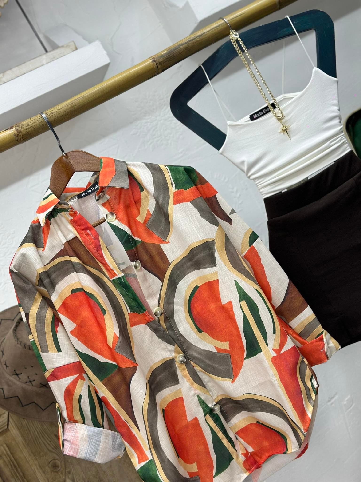 Keten Kumaş Overize Kalıp Baskılı  Gömlek