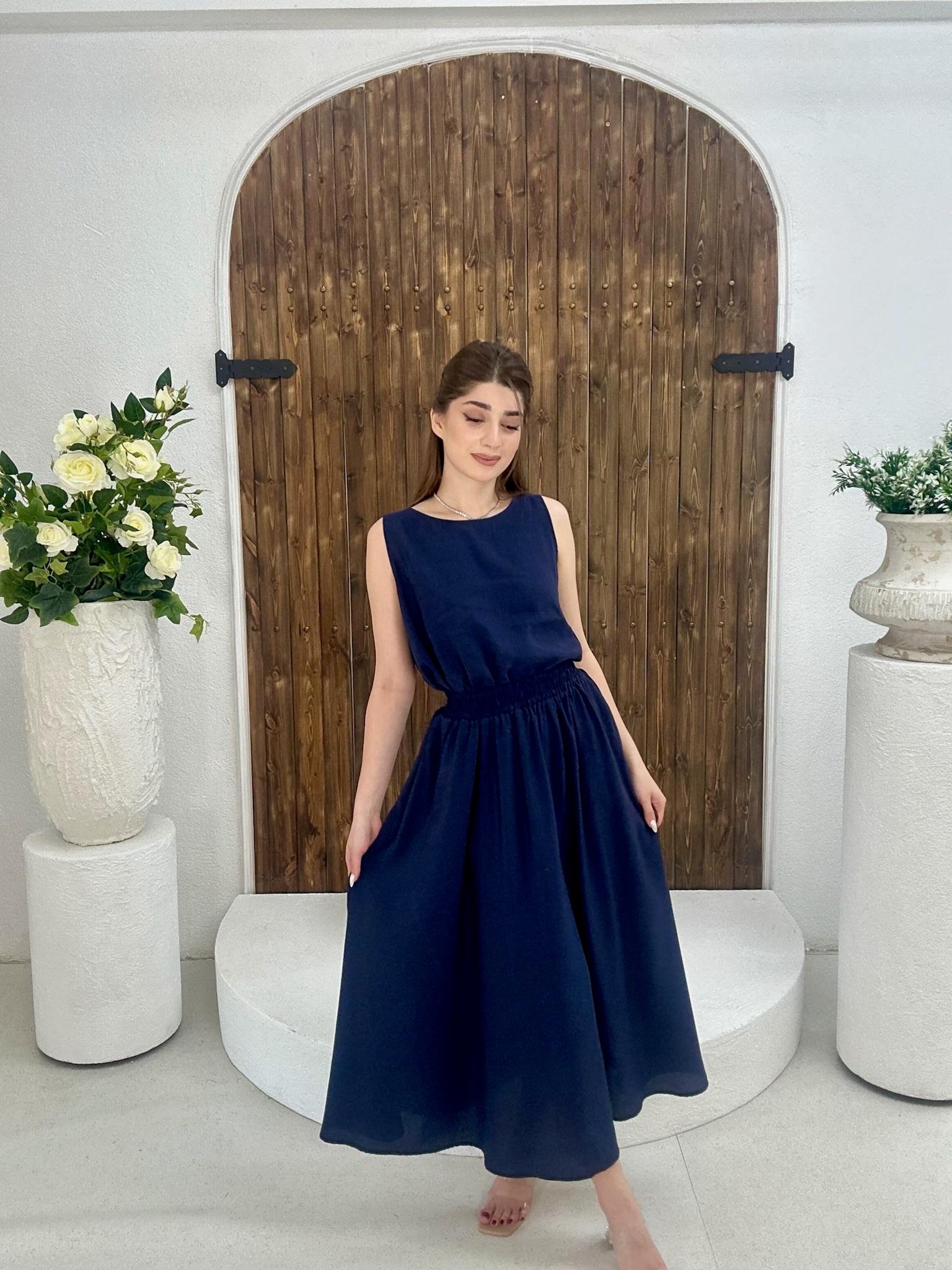 Keten Kumaş Rahat Kalıp Midi Etekli İkili Takım Lacivert