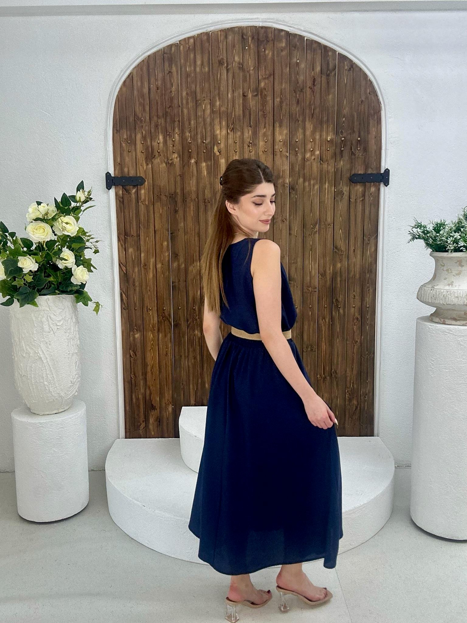 Keten Kumaş Rahat Kalıp Midi Etekli İkili Takım Lacivert