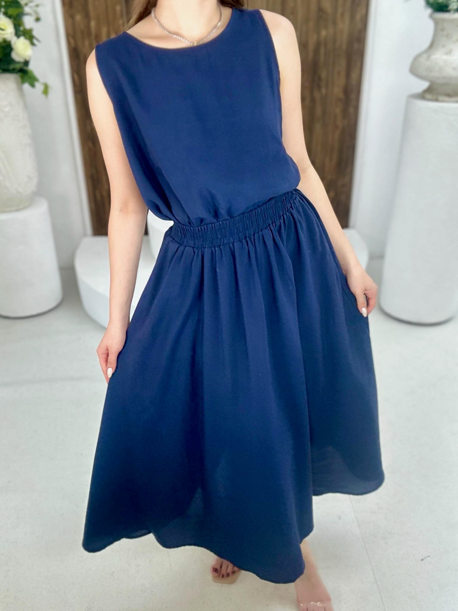 Keten Kumaş Rahat Kalıp Midi Etekli İkili Takım Lacivert