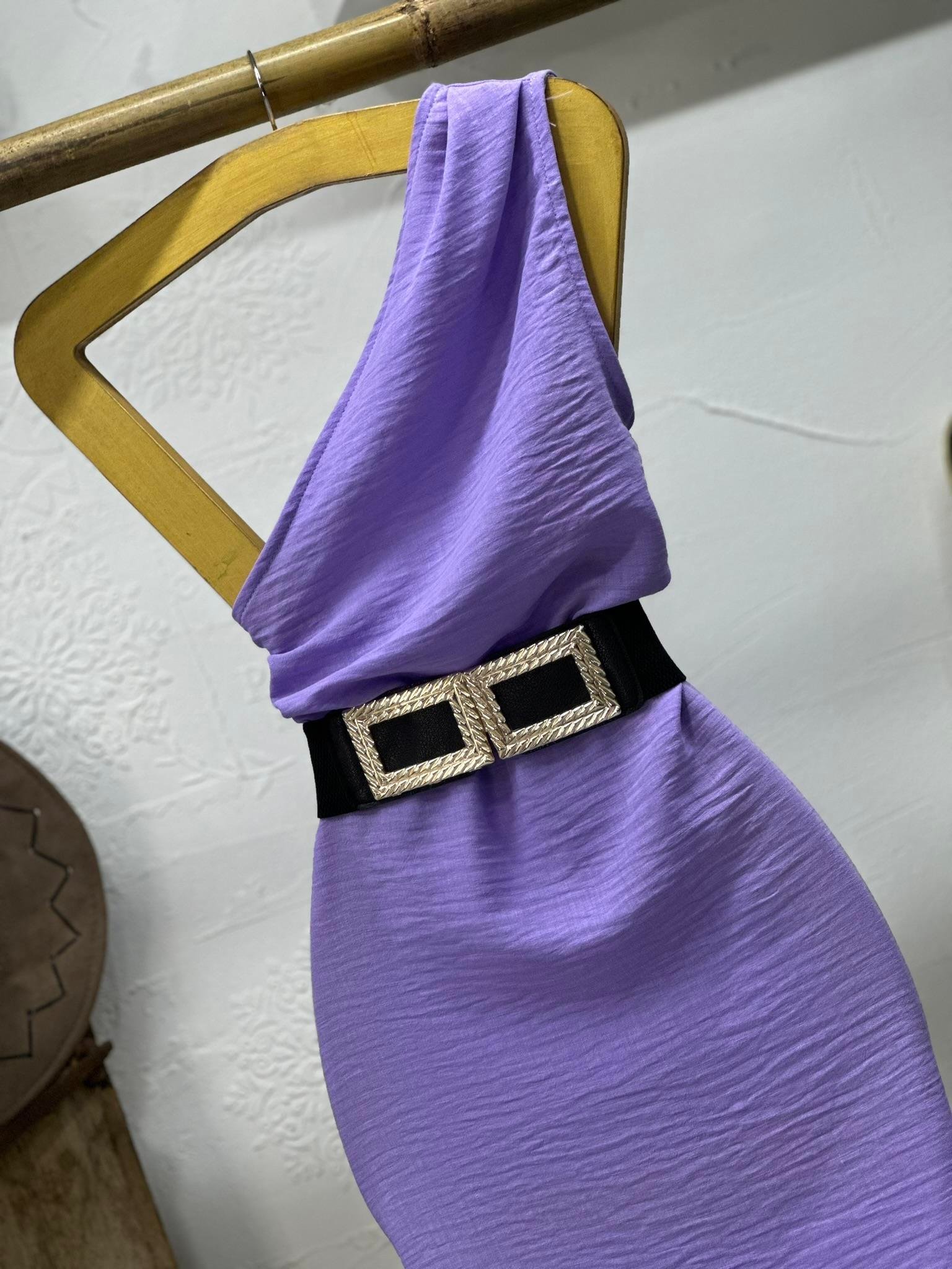 Keten Kumaş Tek Omuz Tasarım Elbise