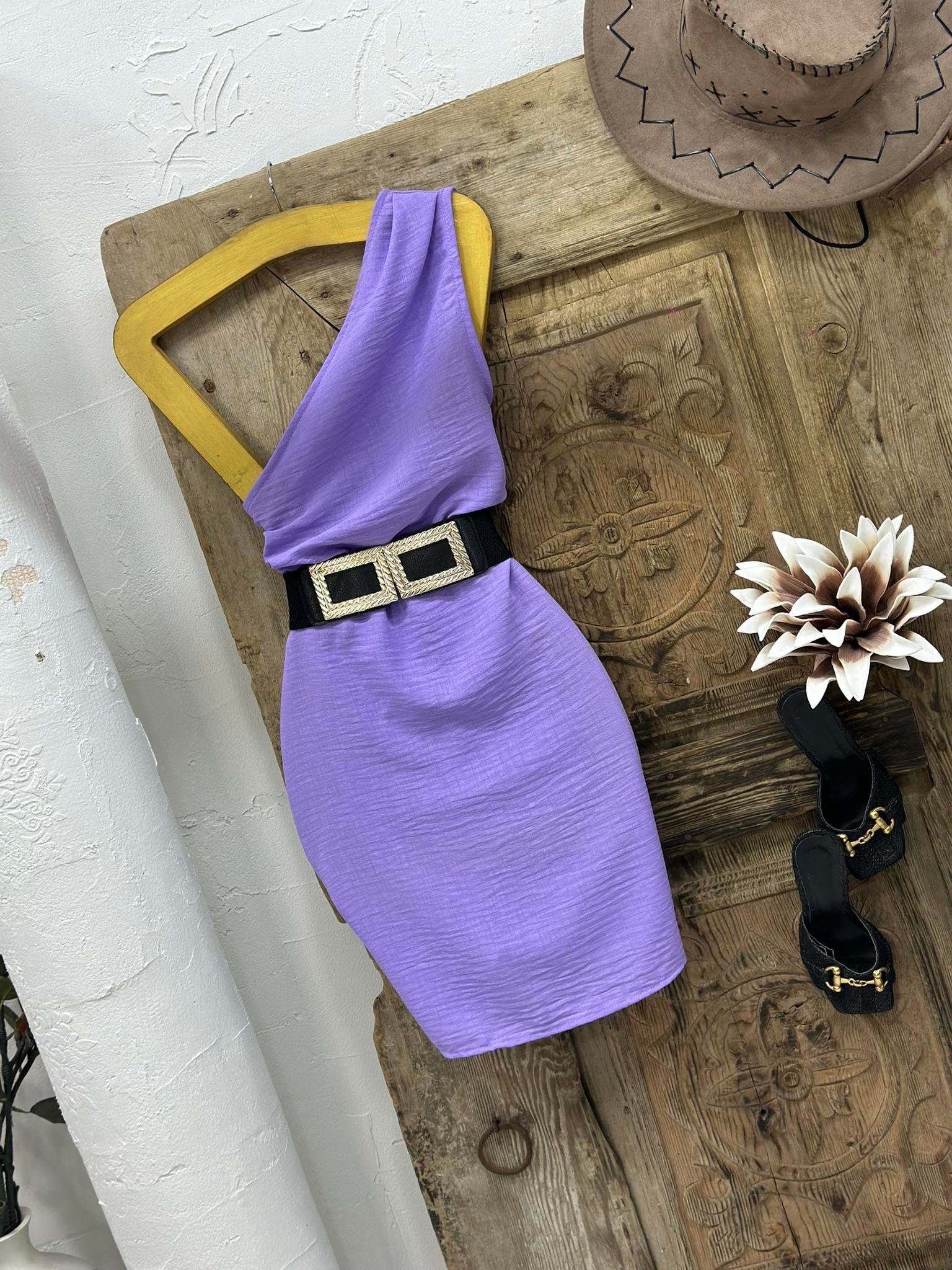 Keten Kumaş Tek Omuz Tasarım Elbise