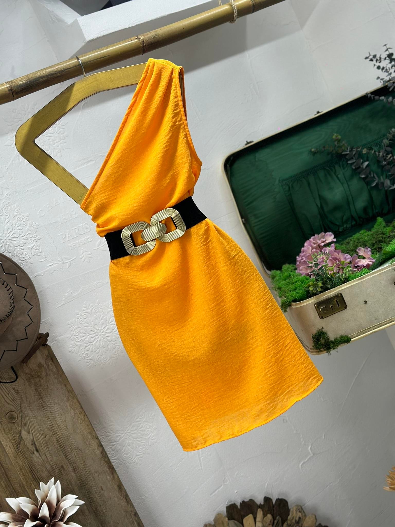 Keten Kumaş Tek Omuz Tasarım Elbise