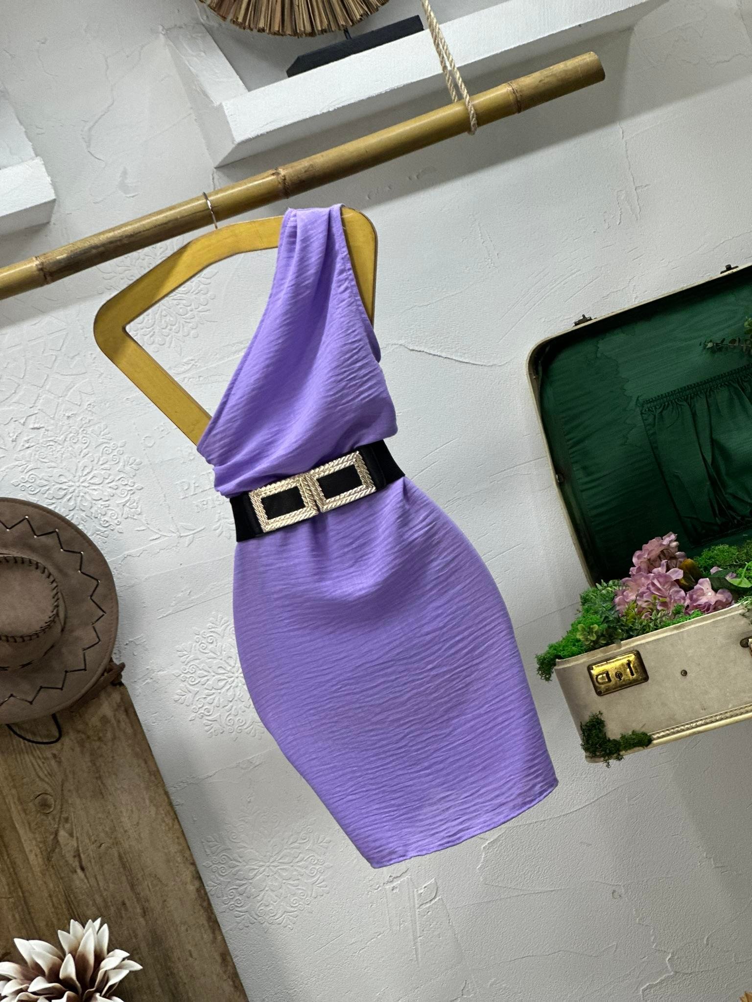 Keten Kumaş Tek Omuz Tasarım Elbise