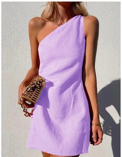 Keten Kumaş Tek Omuz Tasarım Elbise