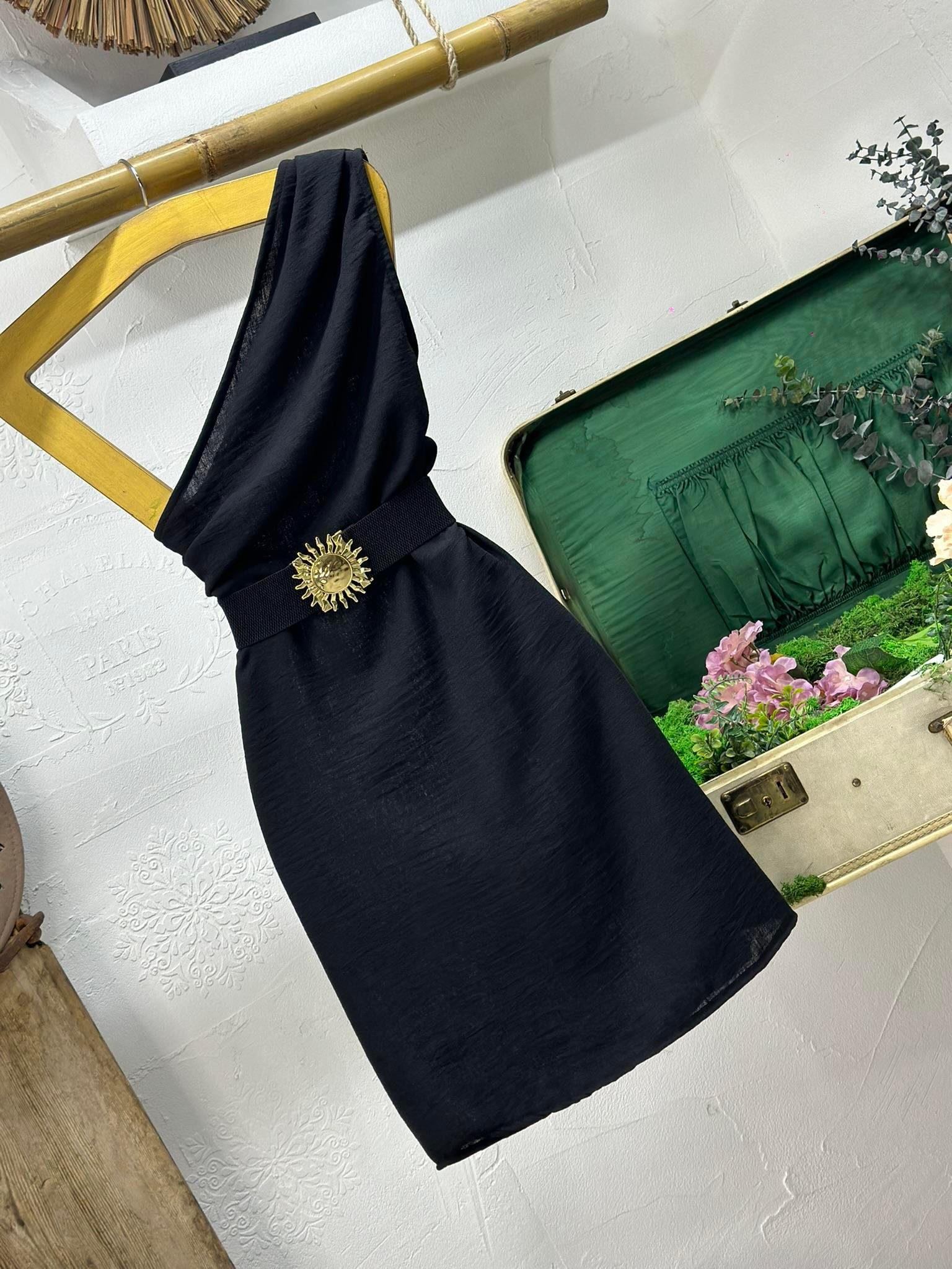 Keten Kumaş Tek Omuz Tasarım Elbise