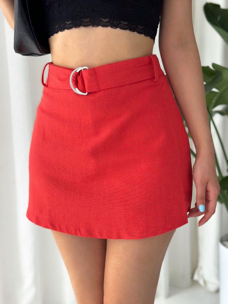 Keten Kumaş Toka Detaylı Renkli Şort Etek 