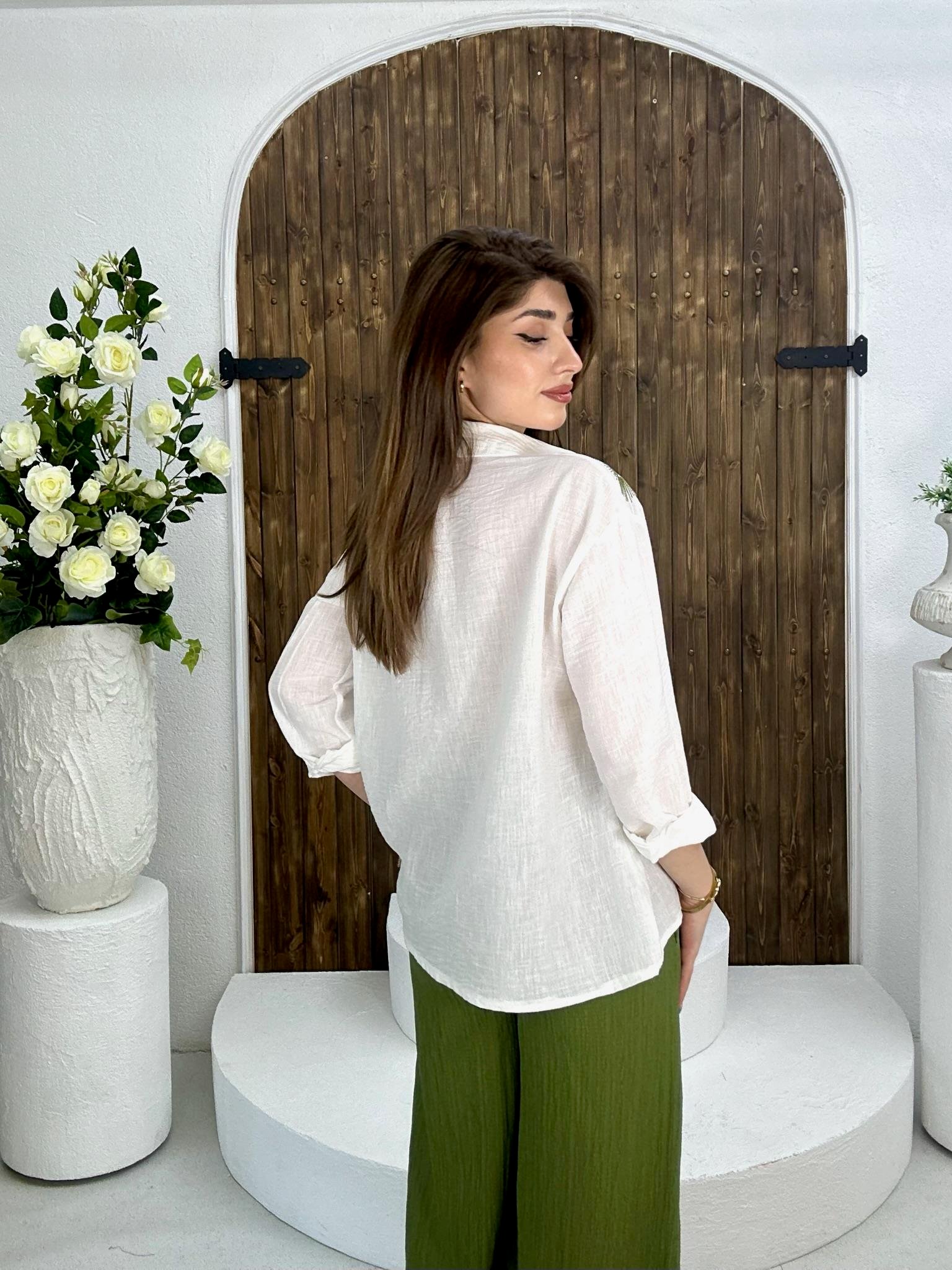 Keten Nakışlı Gömlek Ağaç Kabuğu Pantolon İkili Takım