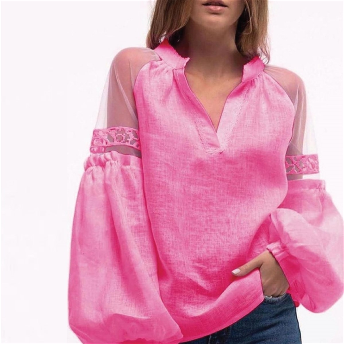 KOLLARI TÜL DETAY TASARIM PEMBE KETEN BLUZ
