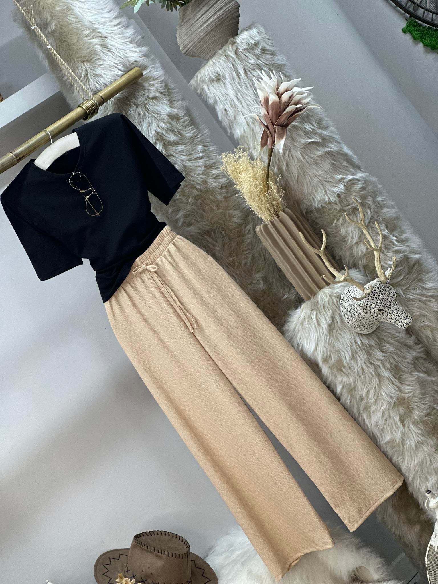 Krinkel Kumaş Beli Lastikli Rahat Pantolon 