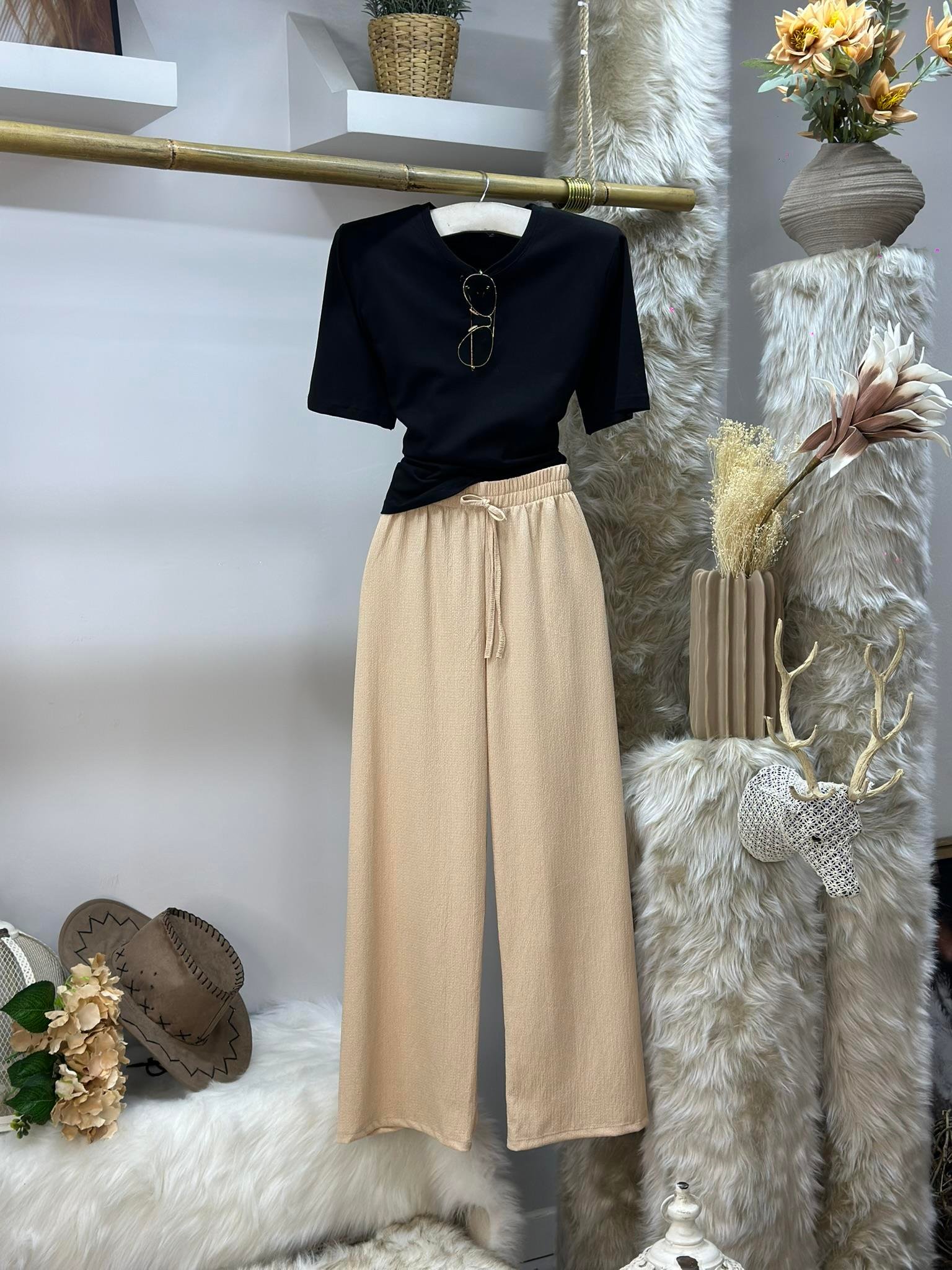 Krinkel Kumaş Beli Lastikli Rahat Pantolon 