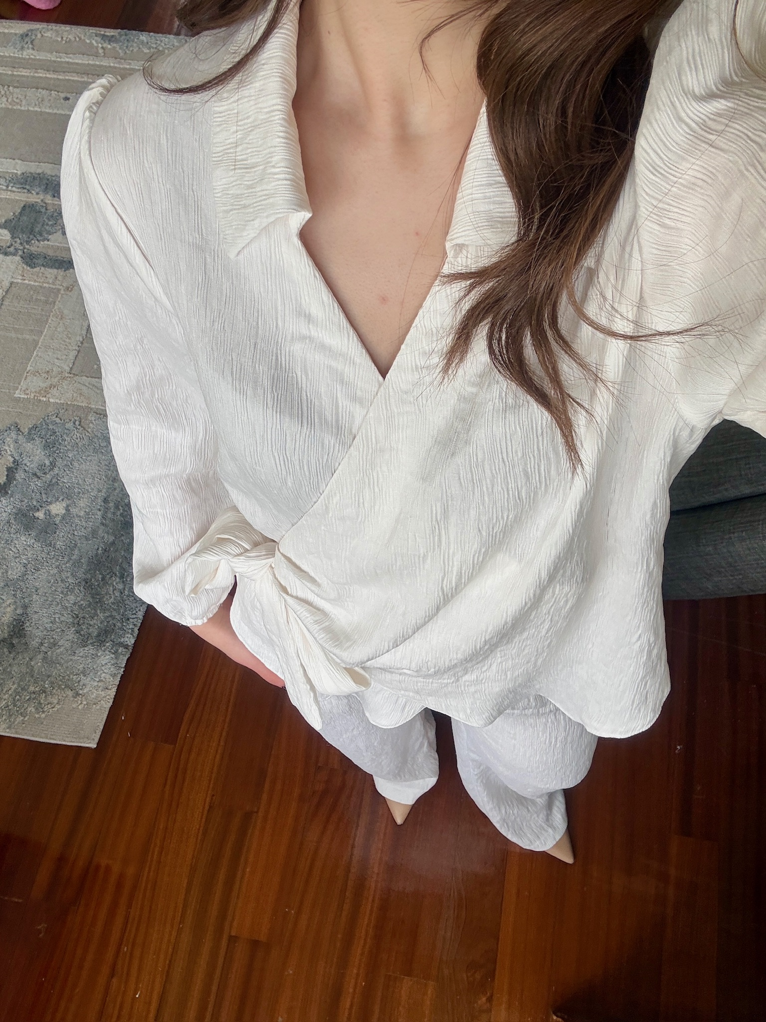 Krinkle Kumaş Kruvaze Gömlek&Pantolon  Beyaz