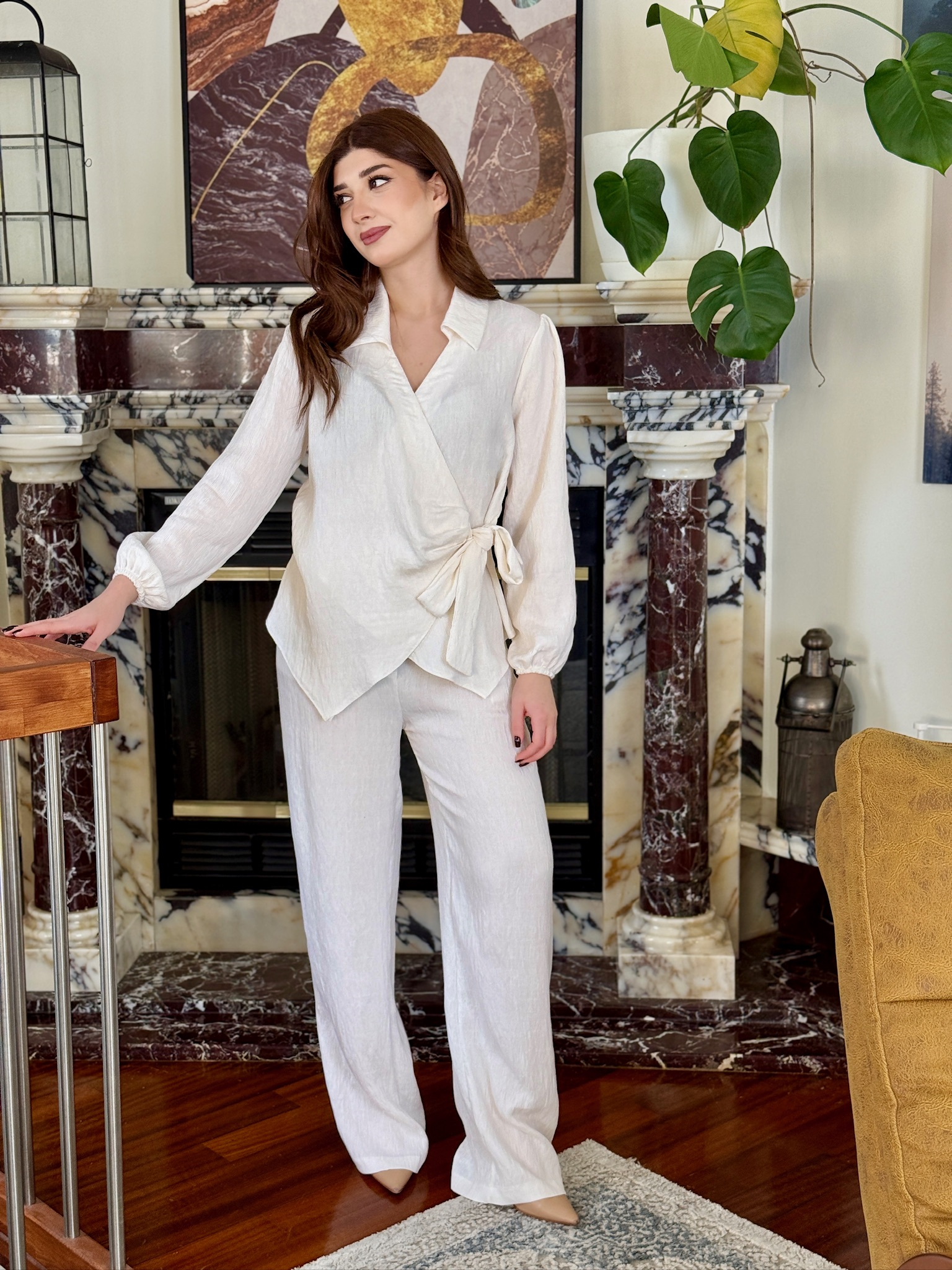 Krinkle Kumaş Kruvaze Gömlek&Pantolon  Beyaz