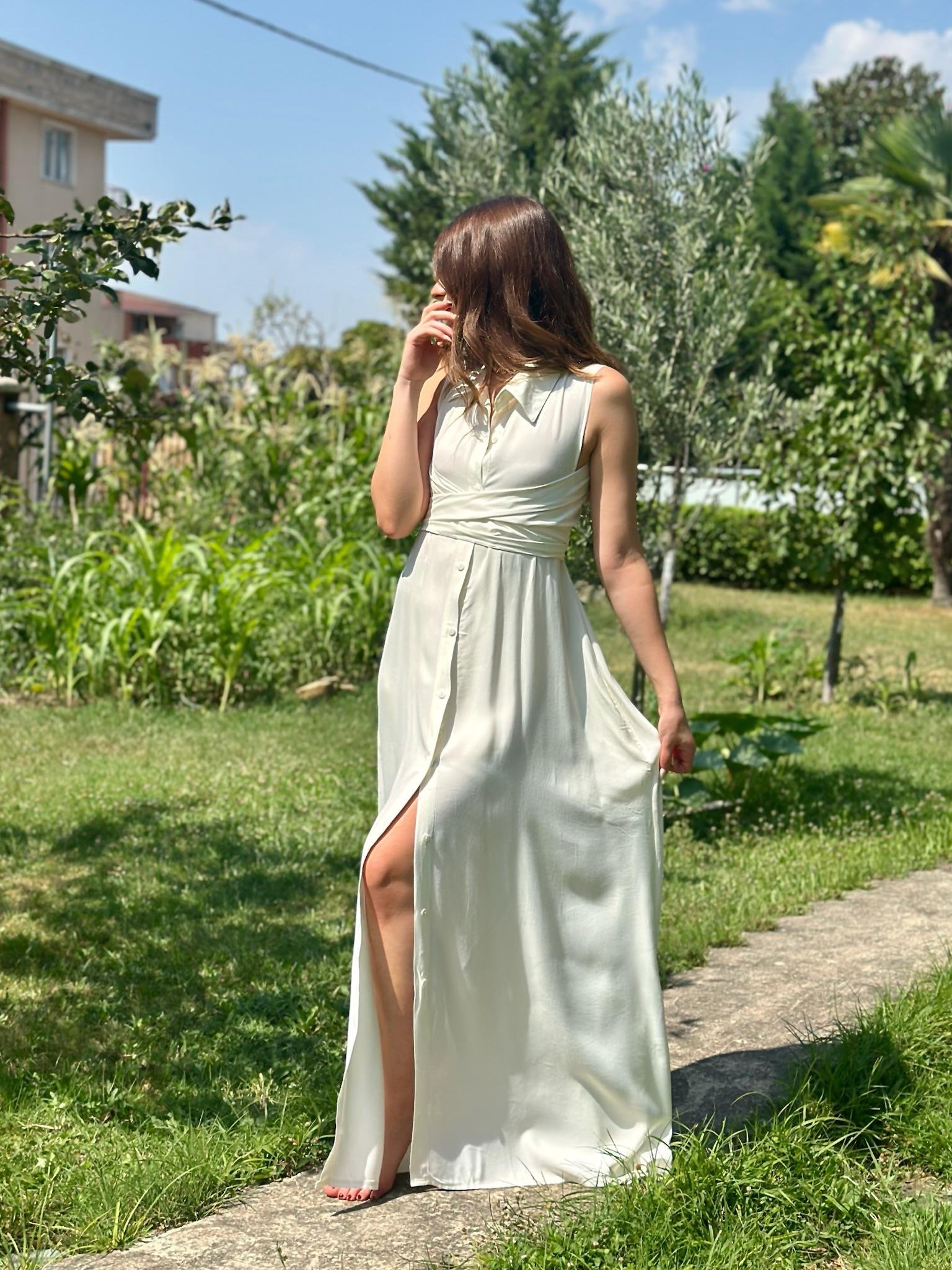 Krinkle Kumaş Uzun Gömlek Elbisemiz Beyaz