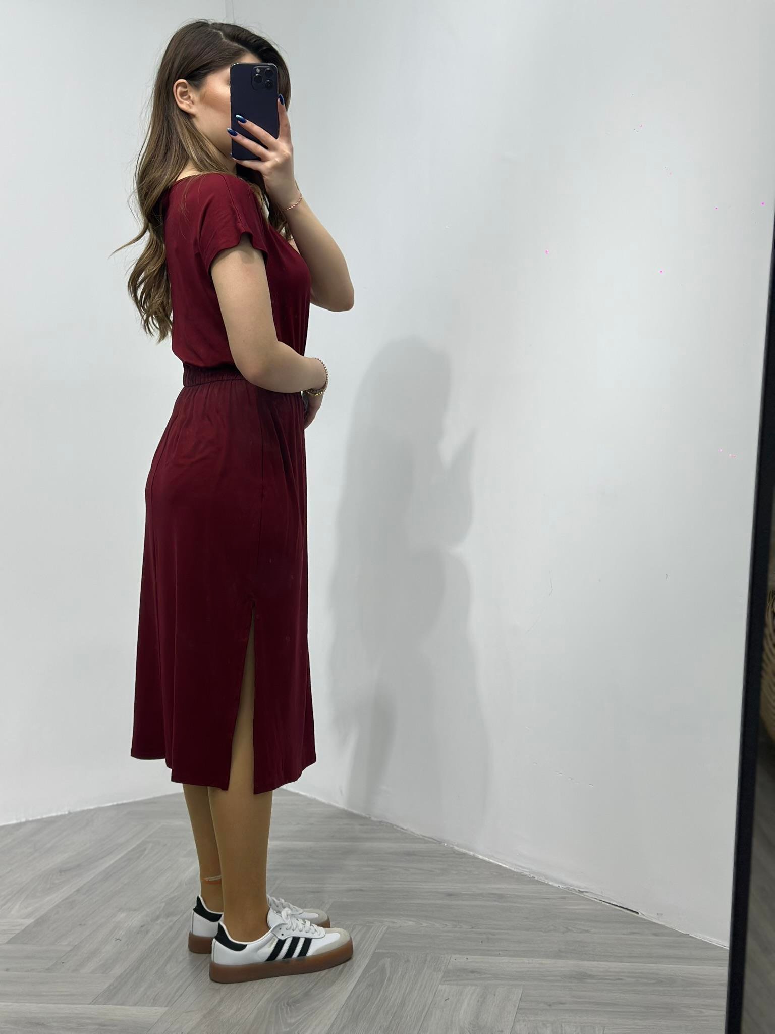 Kristal Pamuk Kumaş Bel Büzgülü Midi Boy Elbise Bordo
