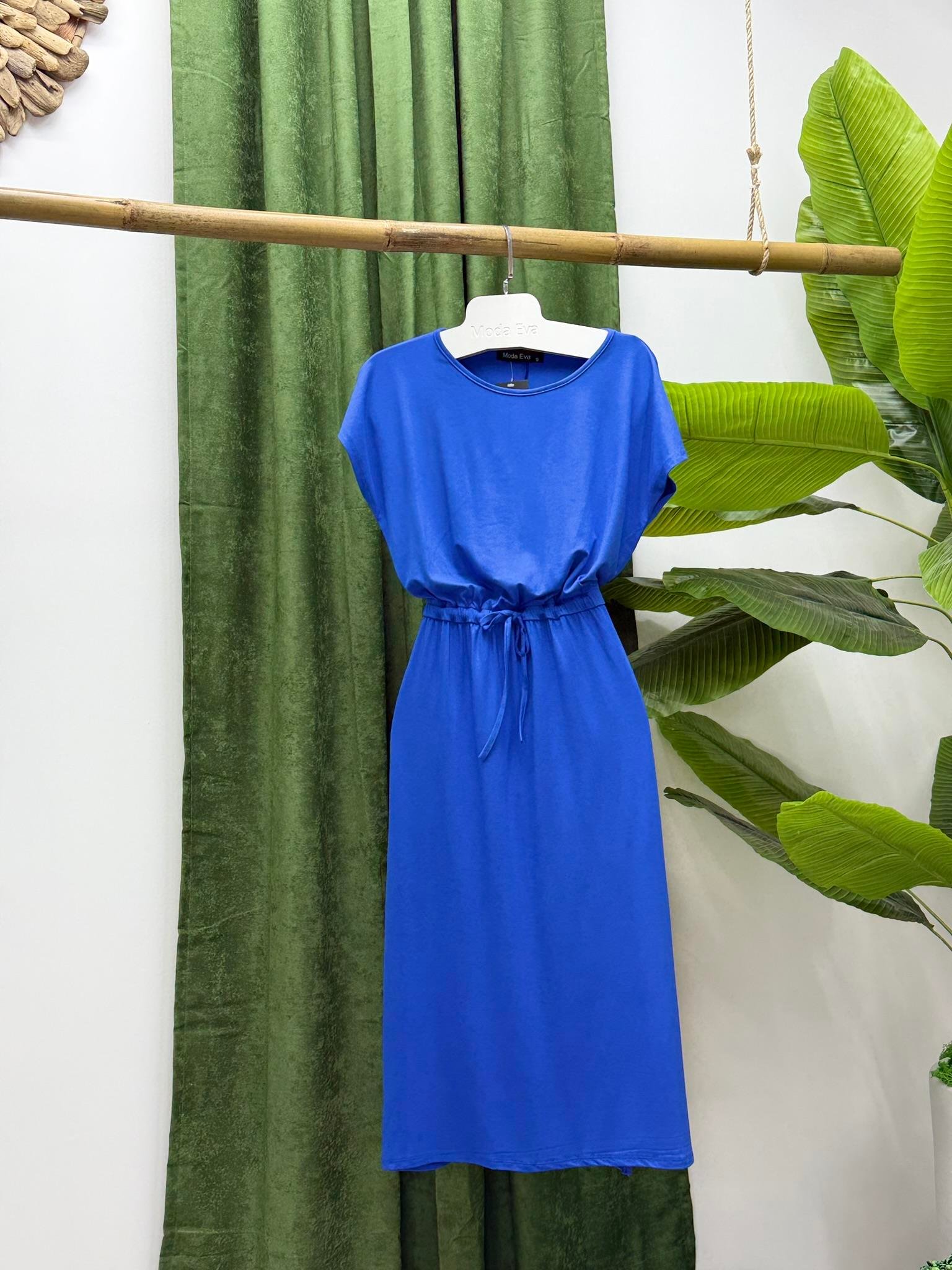 Kristal Pamuk Kumaş Bel Büzgülü Midi Boy Elbise Saks