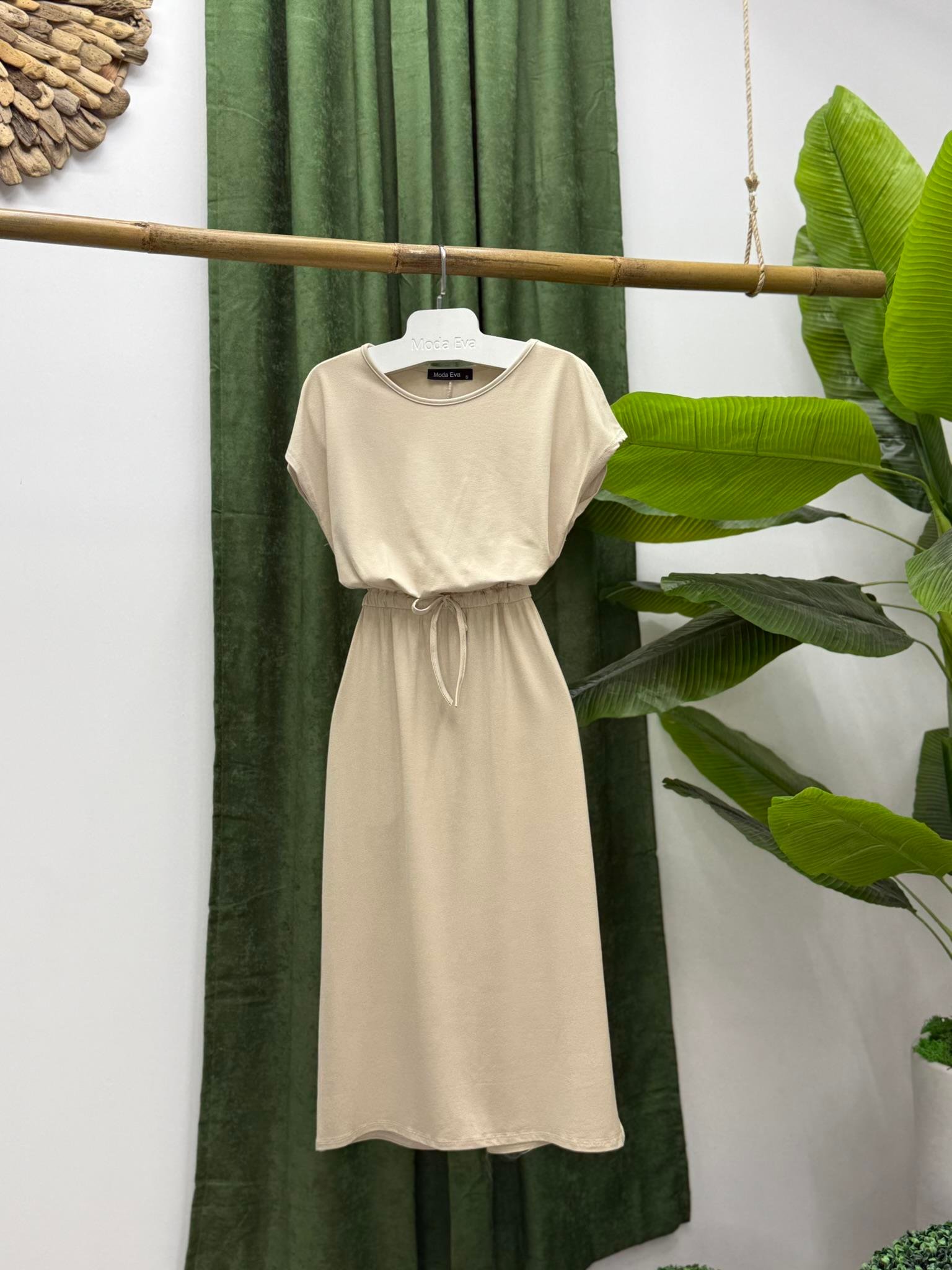 Kristal Pamuk Kumaş Bel Büzgülü Midi Boy Elbise Bej