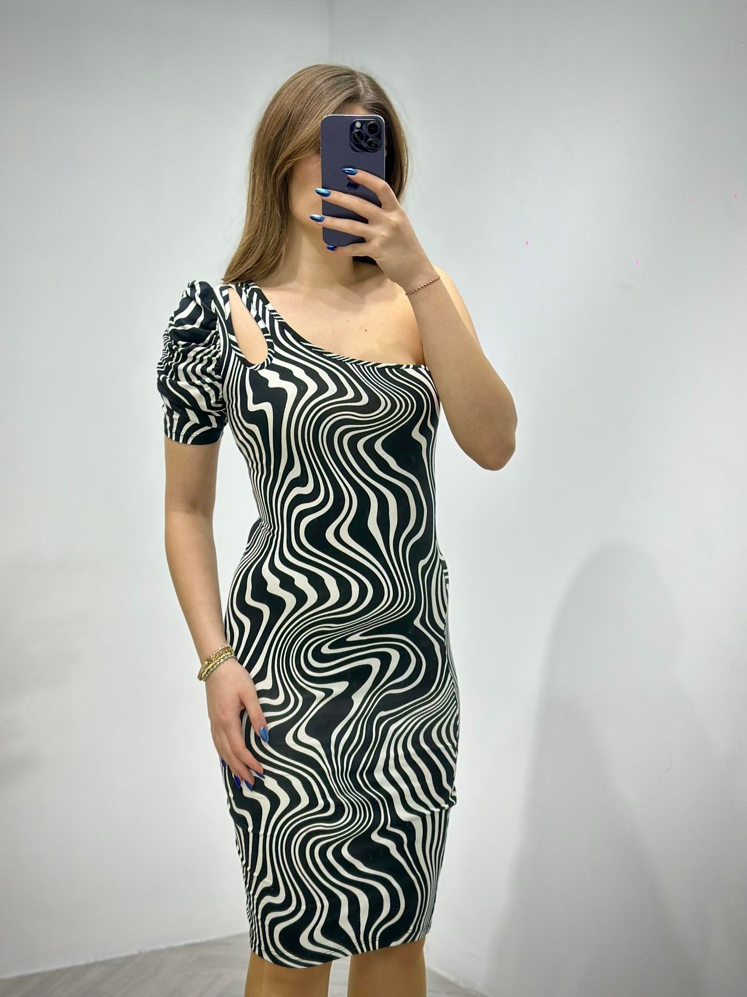 Kristal Pamuk Kumaş Dalga Desenli Tek Kol Kalem  Elbise