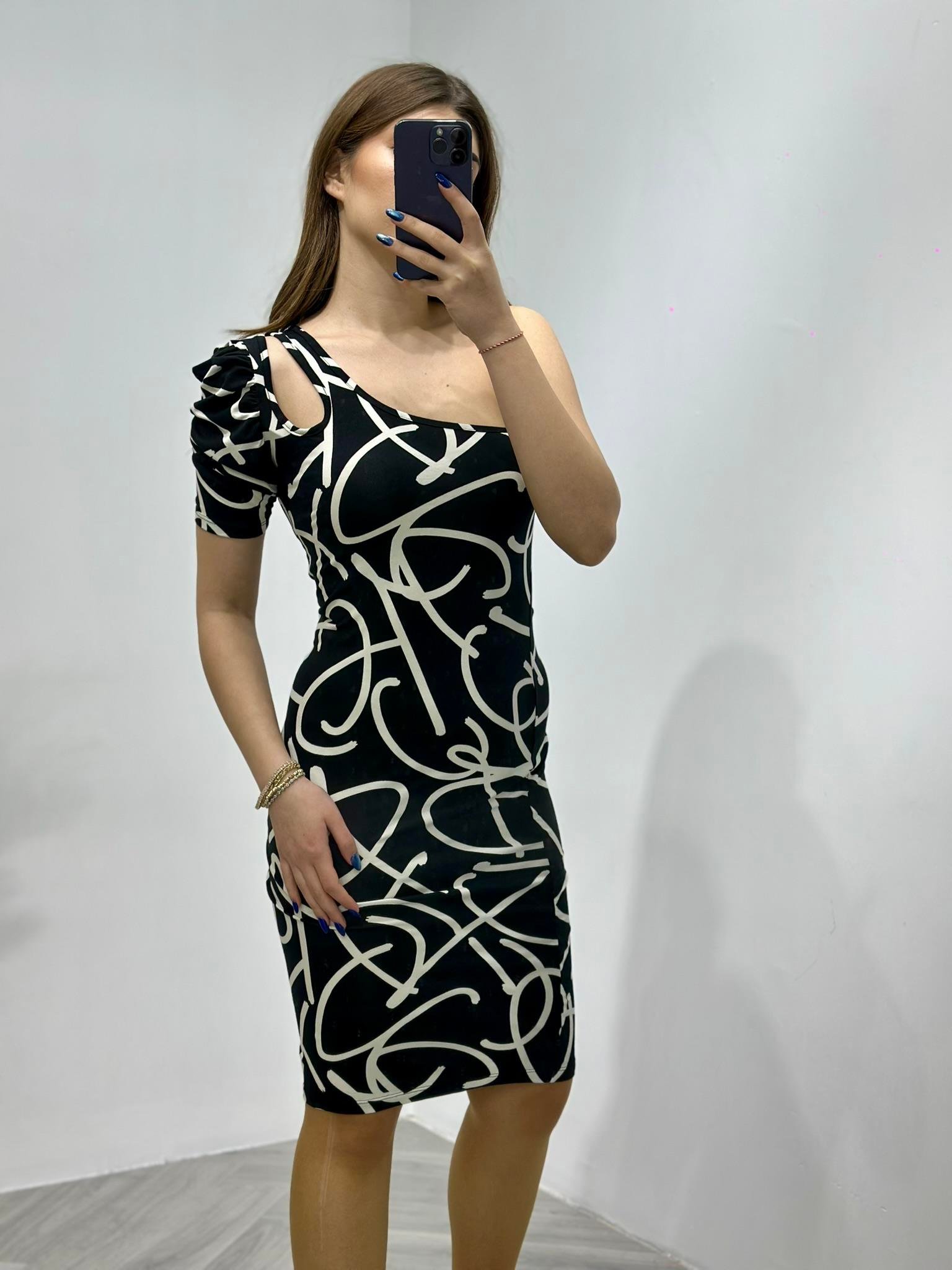 Kristal Pamuk Kumaş Damla Detaylı Siyah Beyaz Desenli Tek Kol Kalem  Elbise