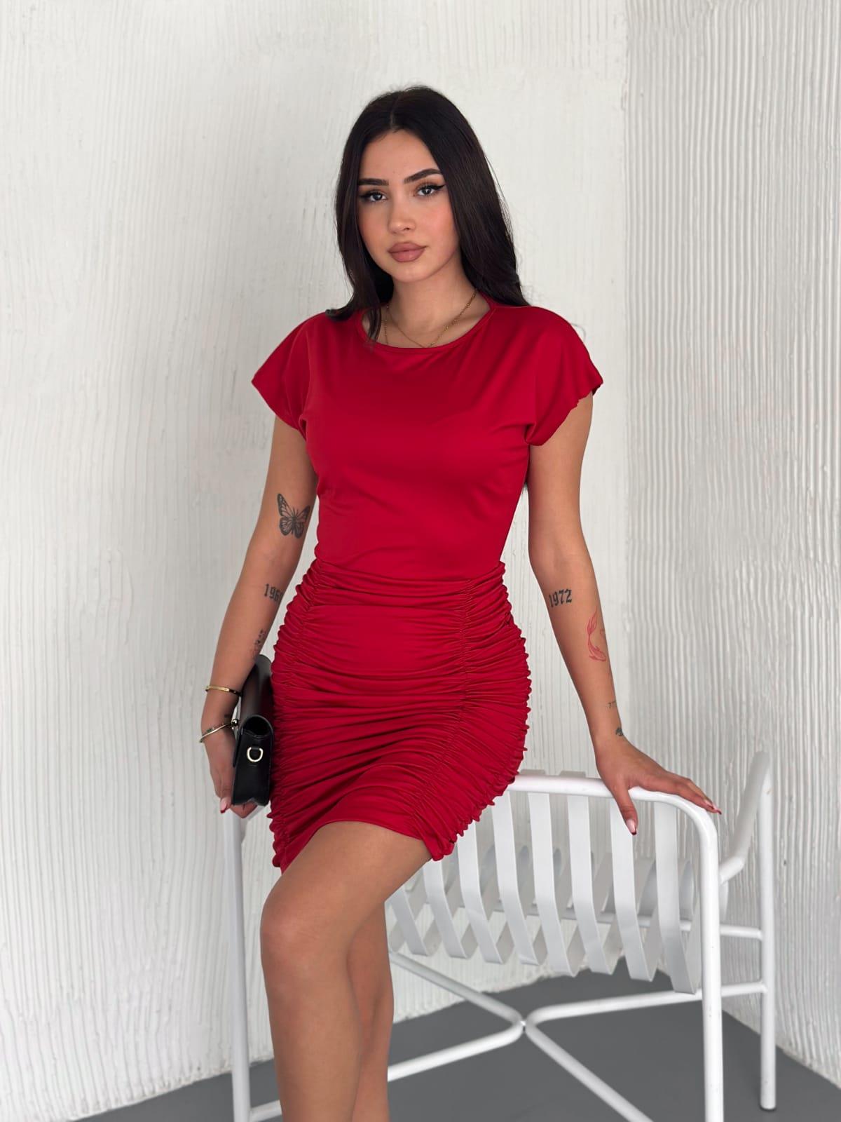 Kristal Pamuk Kumaş Drapeli Kalem Elbise Bordo