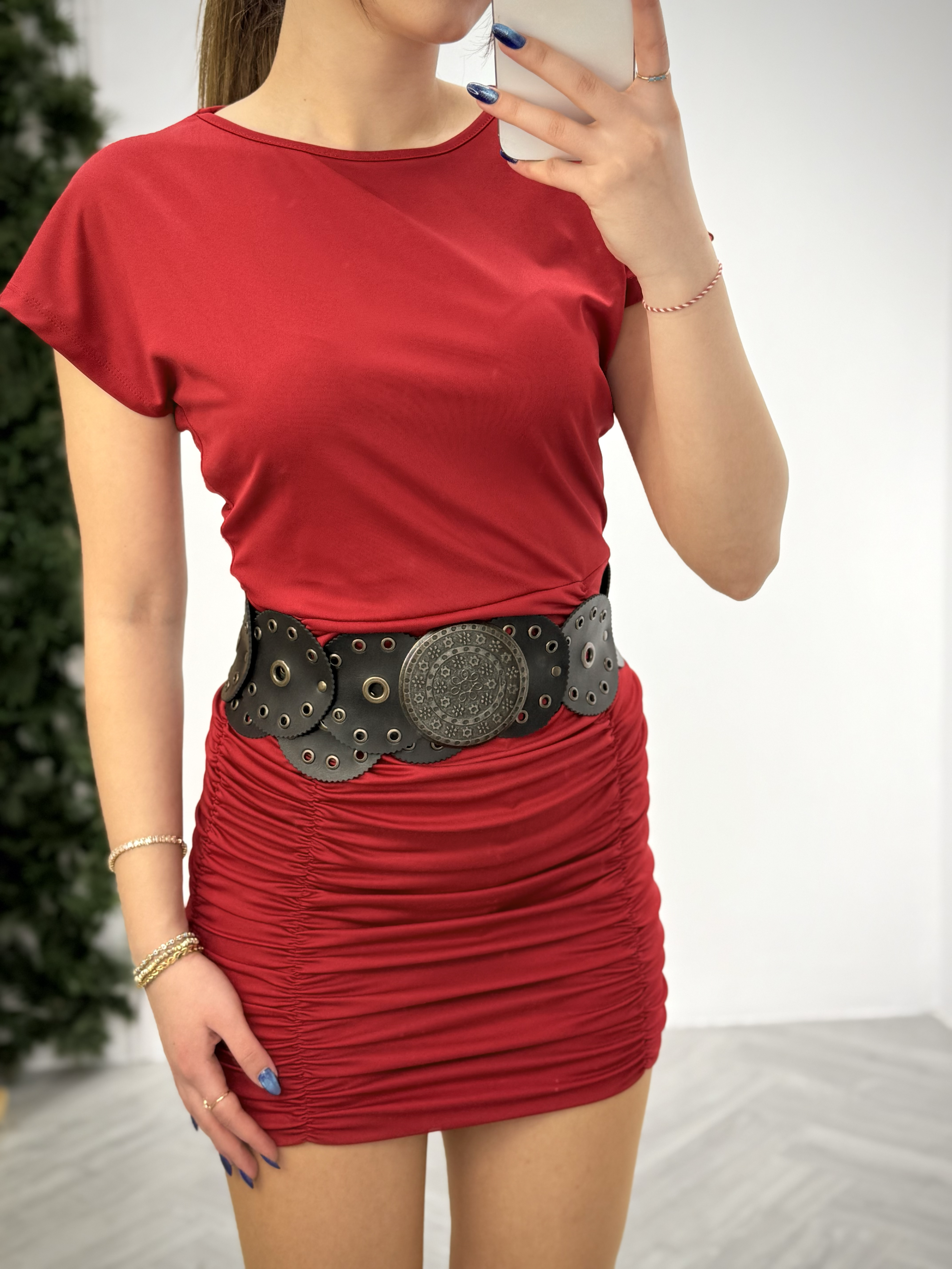 Kristal Pamuk Kumaş Drapeli Kalem Elbise Bordo