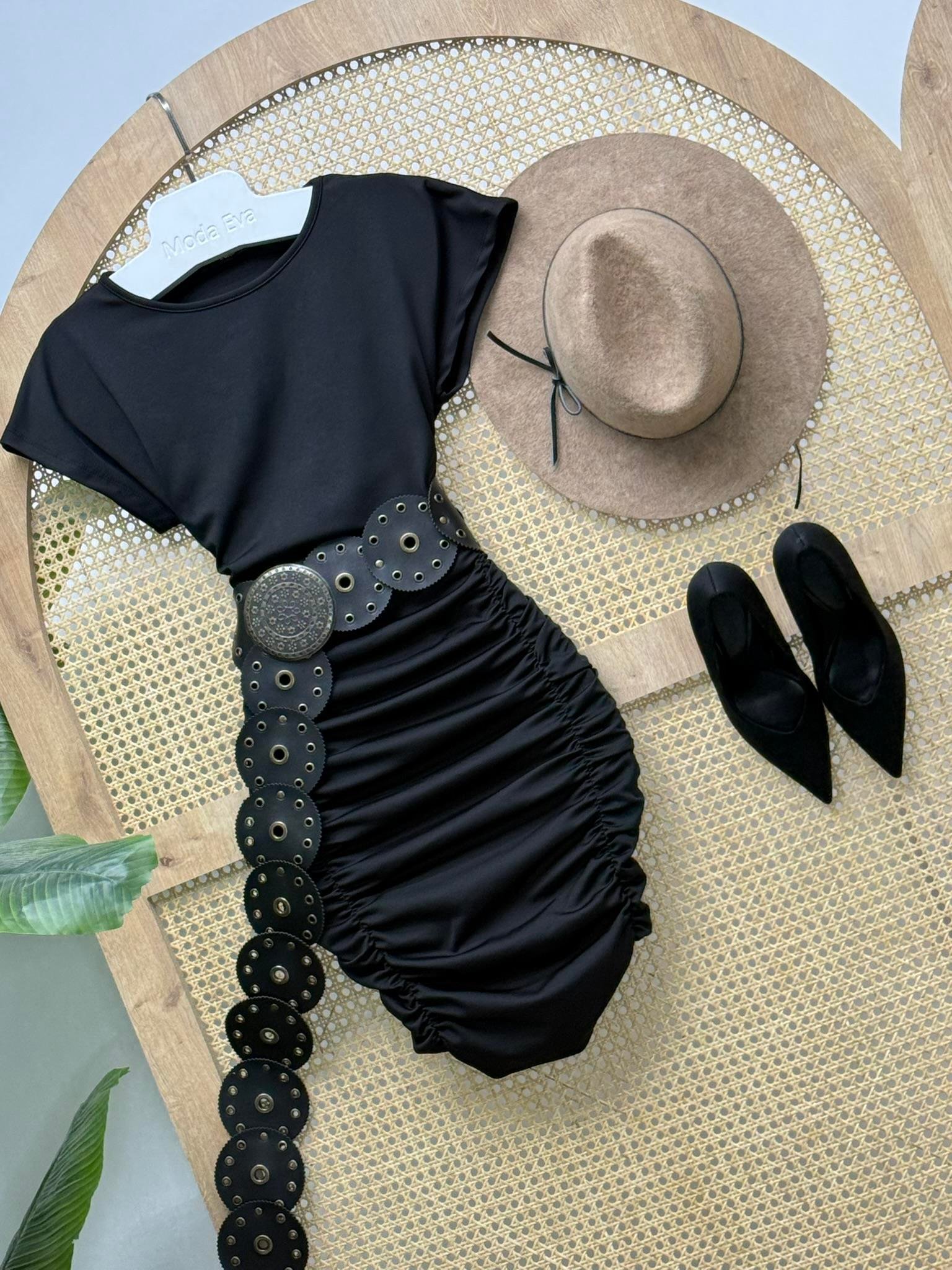 Kristal Pamuk Kumaş Drapeli Kalem Elbise Siyah